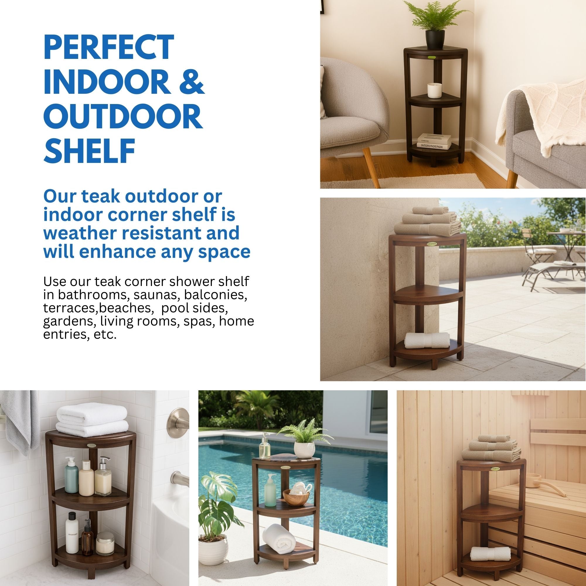 DecoTeak® SnazzyCorner® 33" Teak Wood 3-Tier Corner Shelf in Woodland Brown Finish