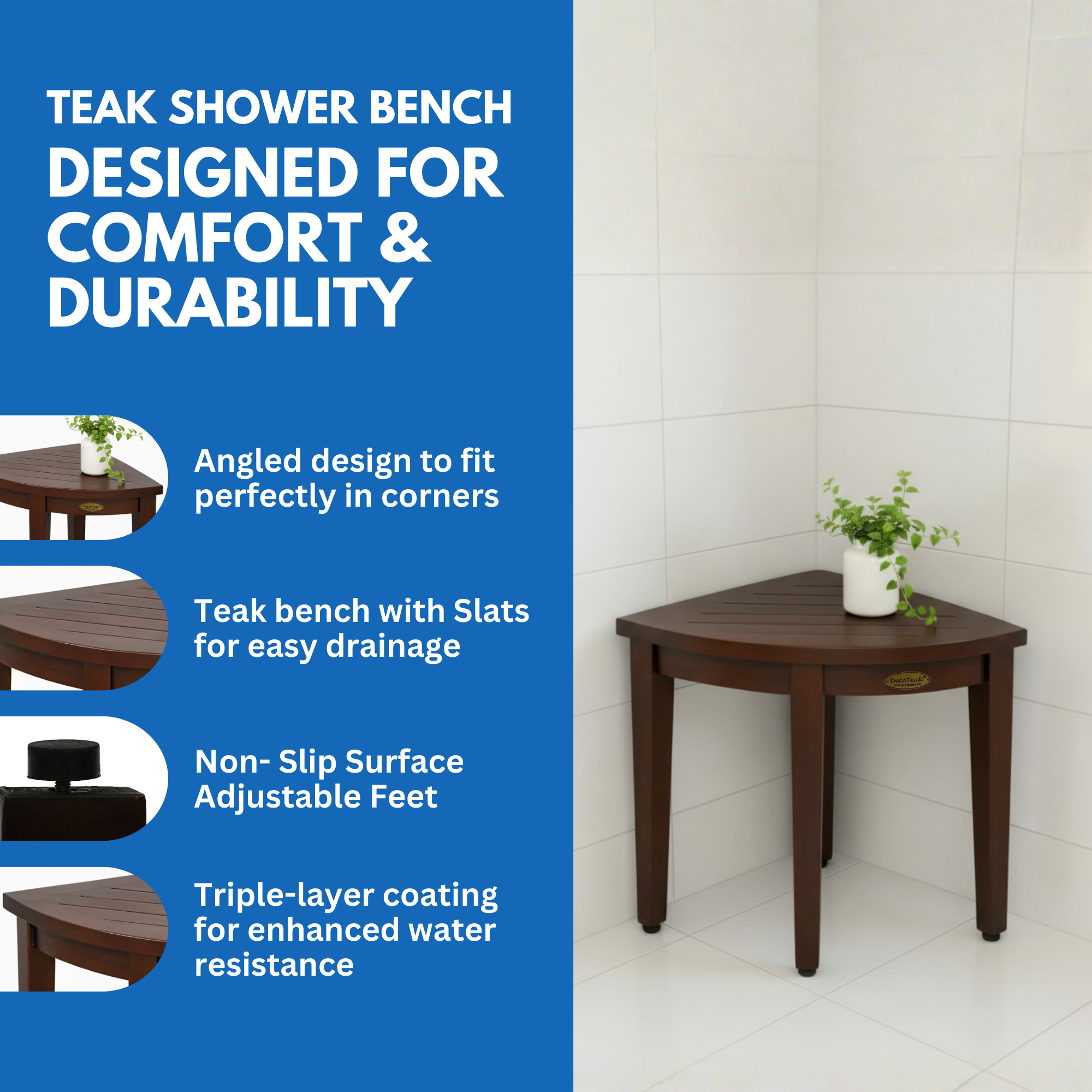 DecoTeak® SnazzyCorner® 18" Teak Wood Shower Corner Stool in Woodland Brown Finish