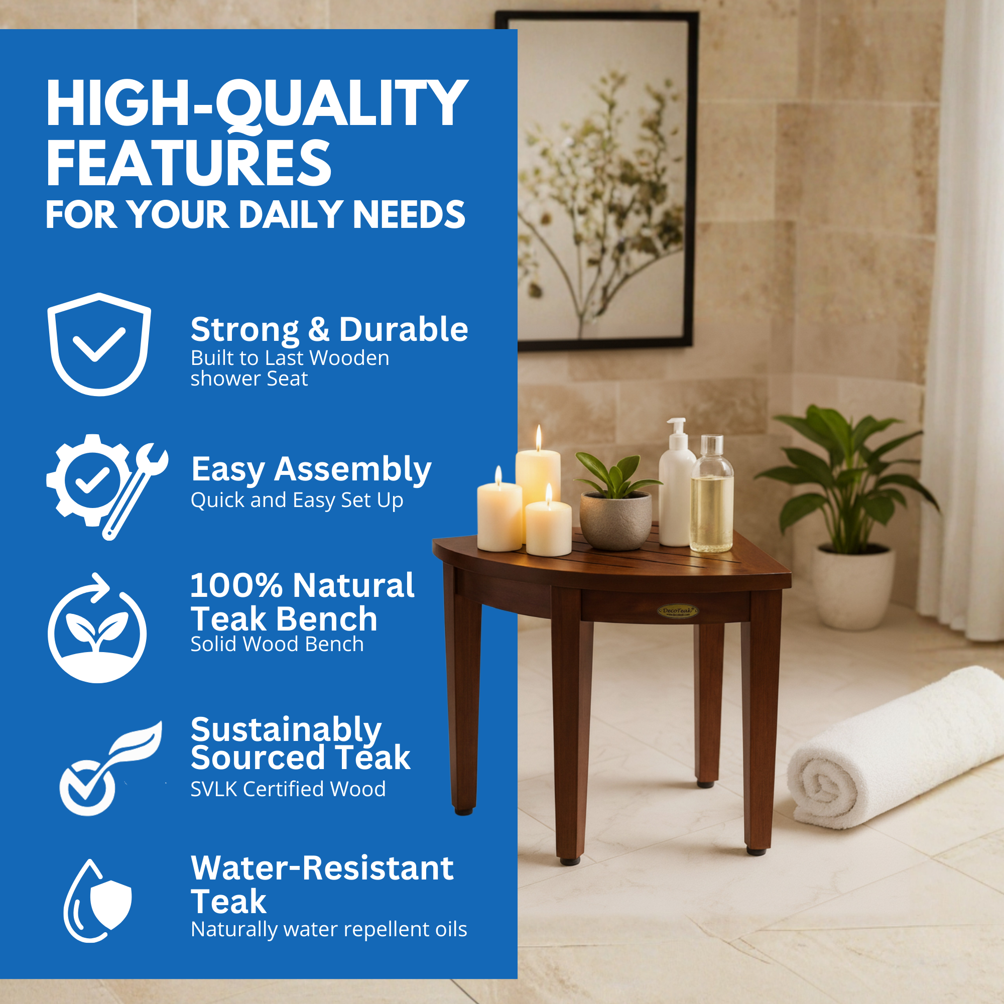 DecoTeak® SnazzyCorner® 18" Teak Wood Shower Corner Stool in Woodland Brown Finish