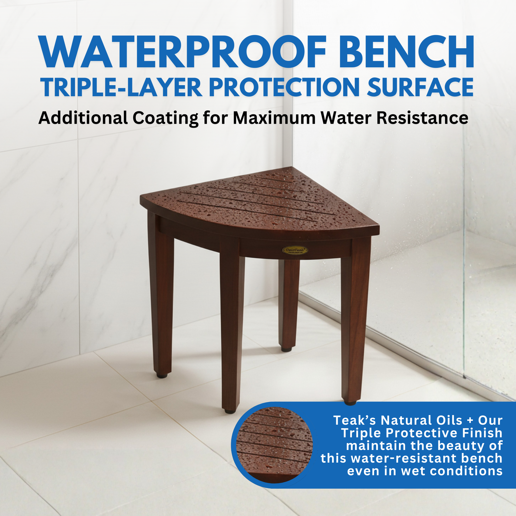 DecoTeak® SnazzyCorner® 18" Teak Wood Shower Corner Stool in Woodland Brown Finish