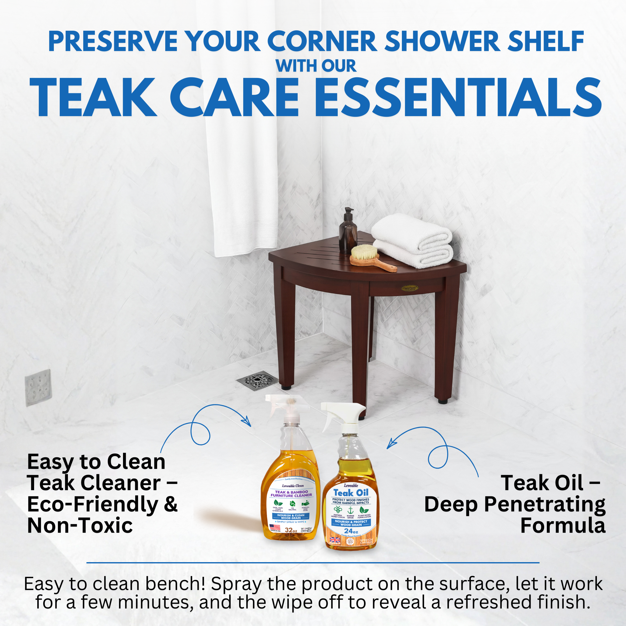 DecoTeak® SnazzyCorner® 18" Teak Wood Shower Corner Stool in Woodland Brown Finish