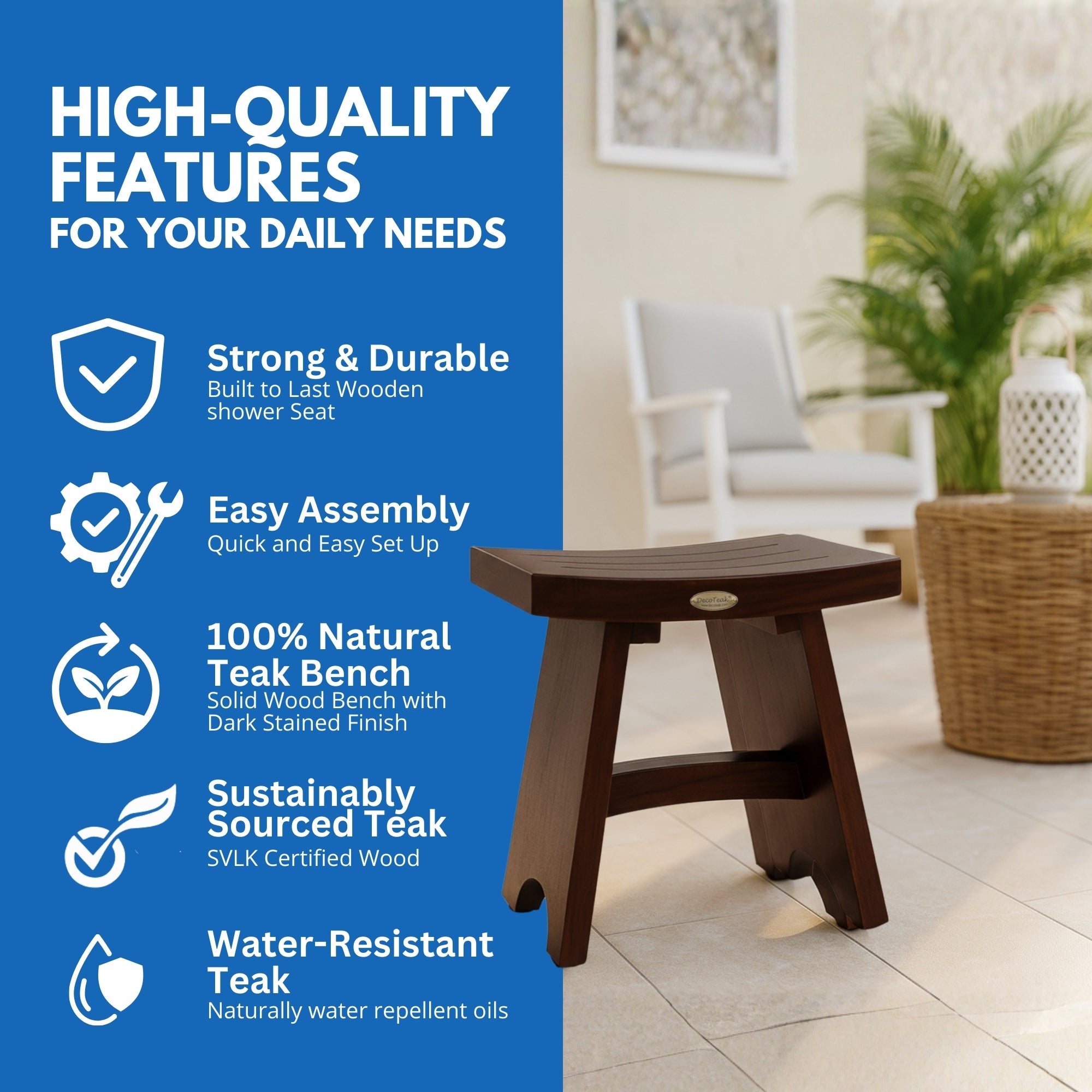 DecoTeak® Serenity® 18" Teak Wood Shower Bench in Woodland Brown Finish