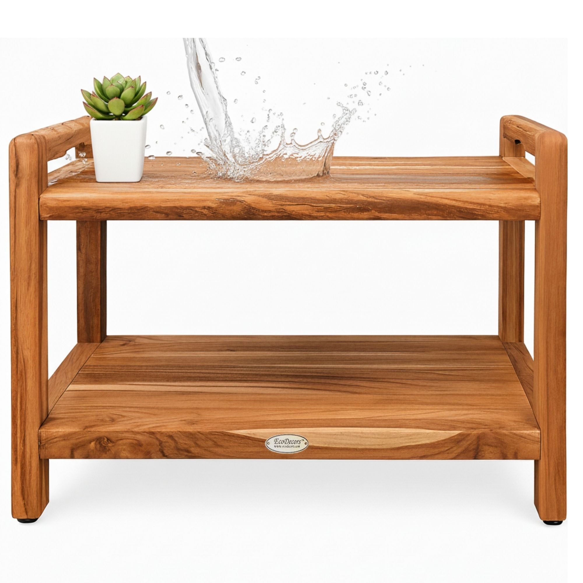 EcoDecors® Eleganto® 30" Teak Wood Shower Bench with LiftAide® Arms and Shelf in EarthyTeak® Finish