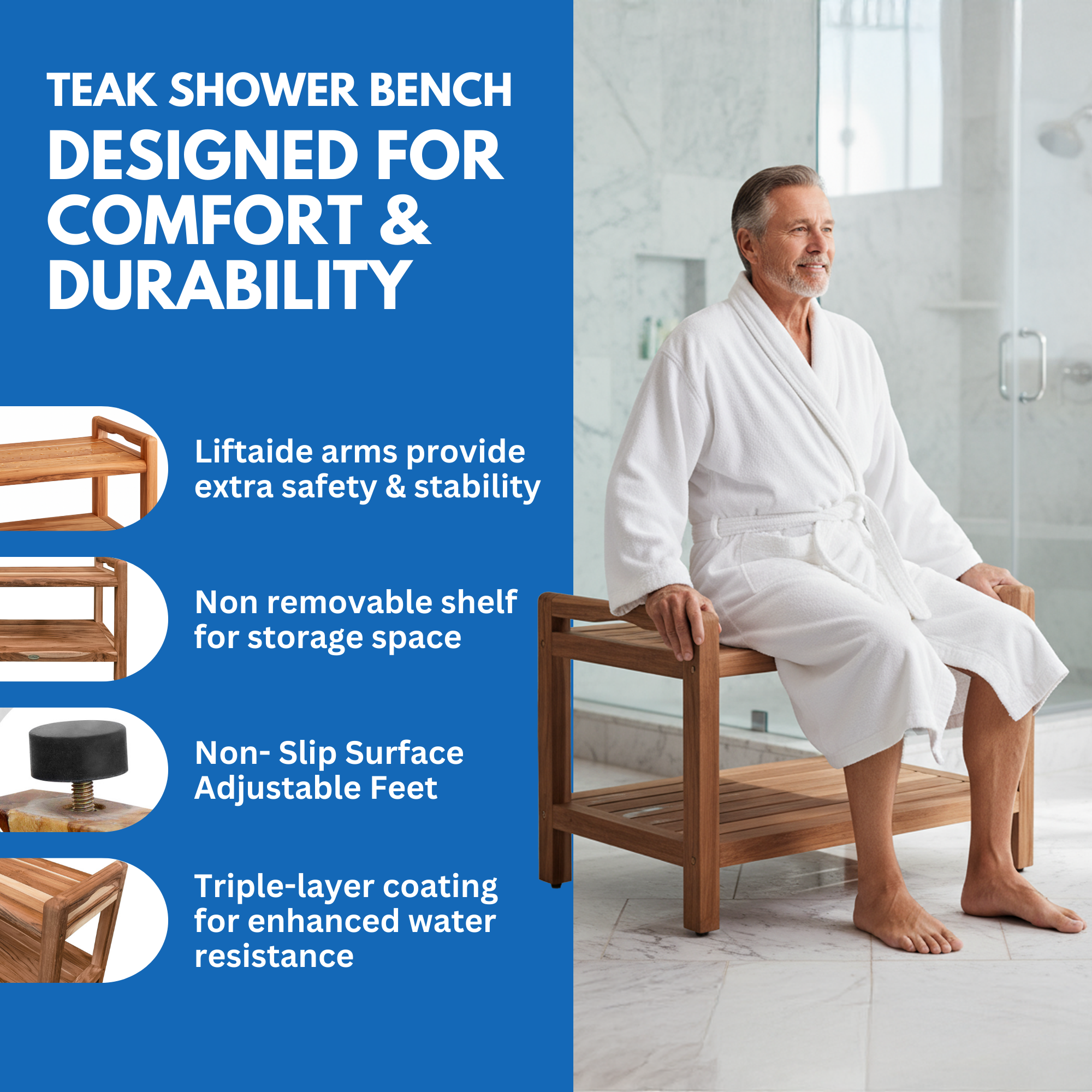 EcoDecors® Eleganto® 30" Teak Wood Shower Bench with LiftAide® Arms and Shelf in EarthyTeak® Finish