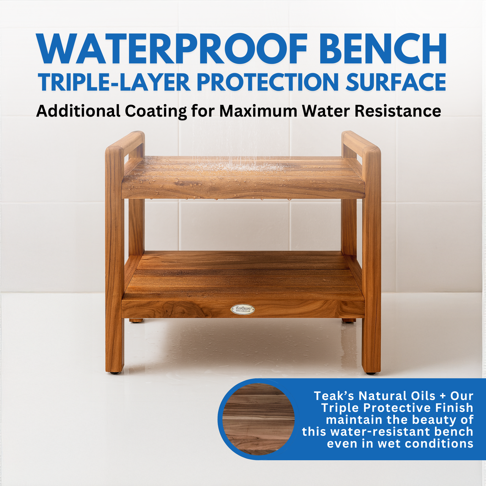 EcoDecors® Eleganto® 30" Teak Wood Shower Bench with LiftAide® Arms and Shelf in EarthyTeak® Finish
