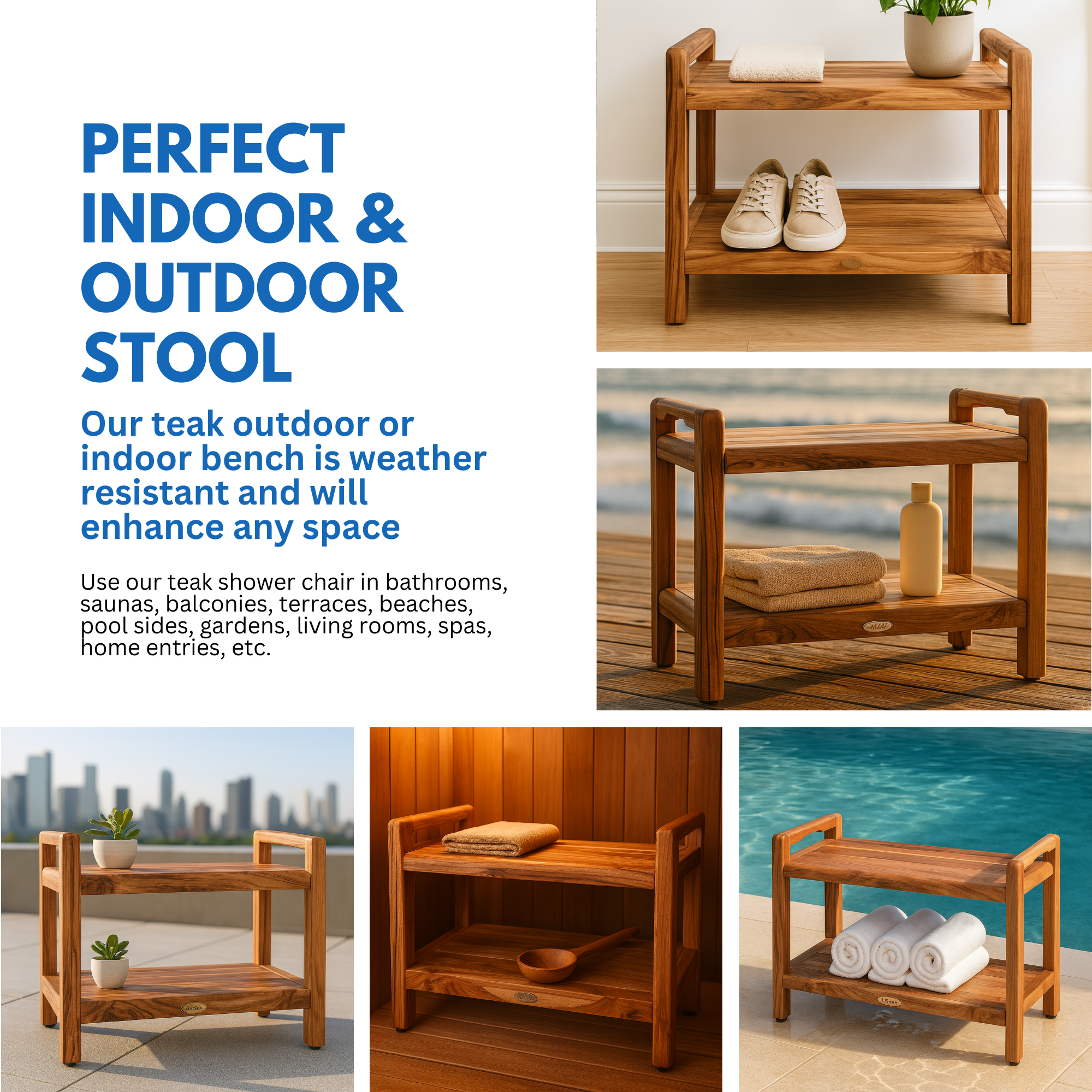 EcoDecors® Eleganto® 30" Teak Wood Shower Bench with LiftAide® Arms and Shelf in EarthyTeak® Finish
