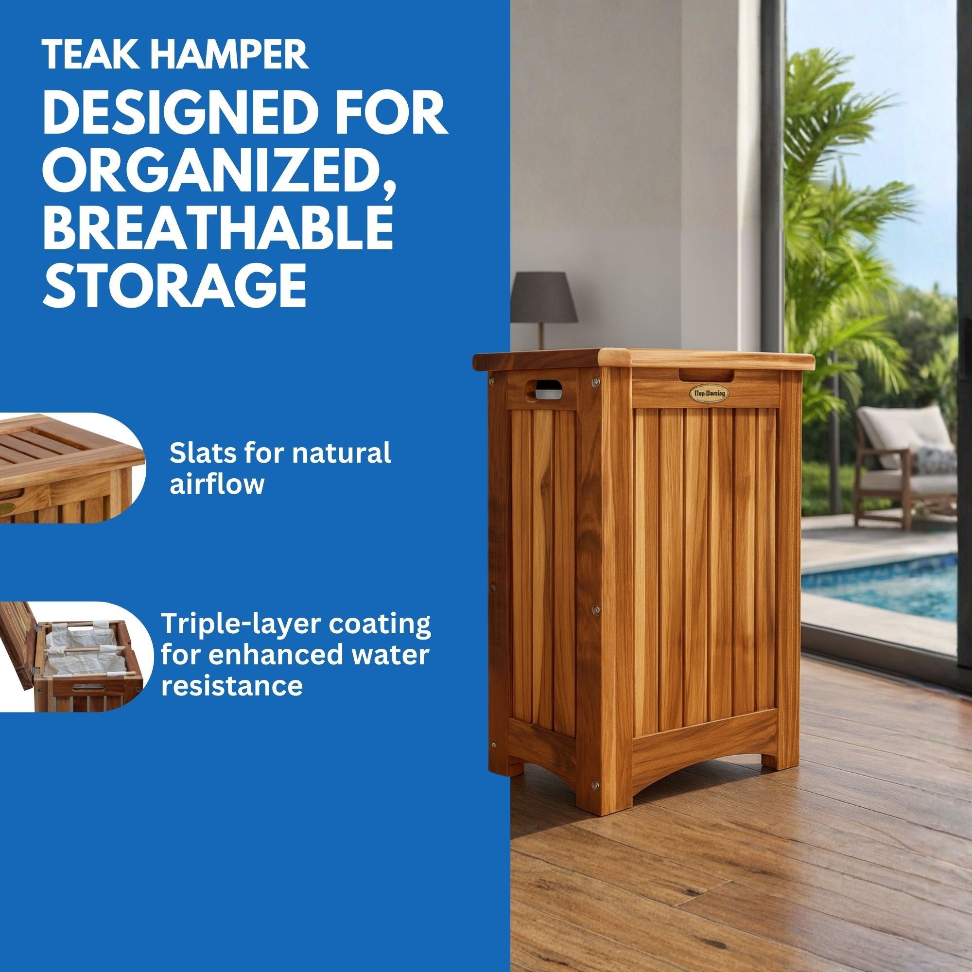 EcoDecors® Eleganto® 24"Teak Wood Compact Double Laundry Storage Hamper with Removable Bags in EarthyTeak Finish