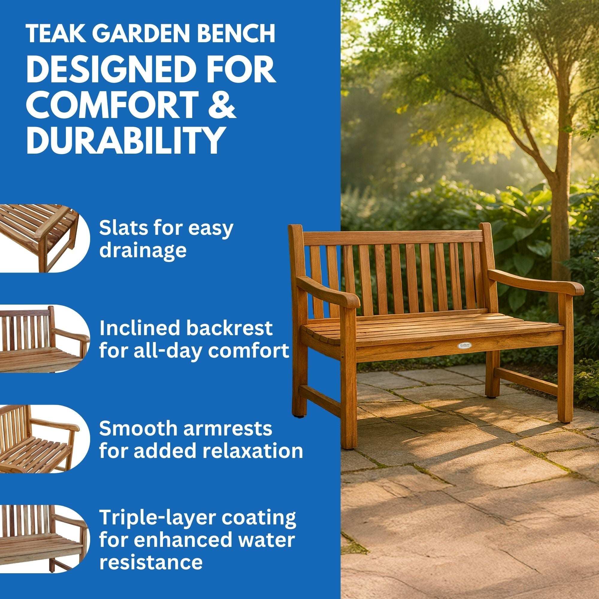 EcoDecors® Hampstead Heath 51" Teak Wood Outdoor Bench in EarthyTeak Finish