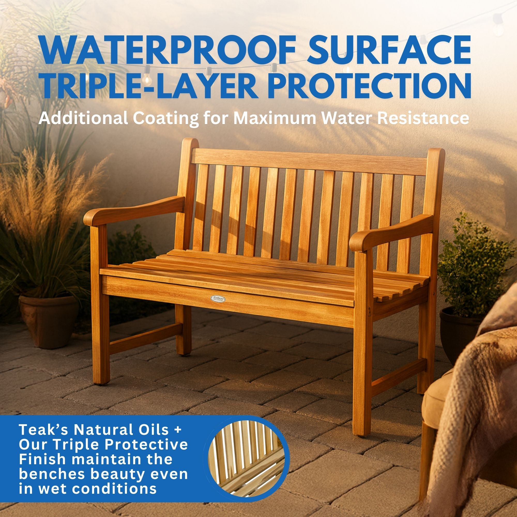 EcoDecors® Hampstead Heath 51" Teak Wood Outdoor Bench in EarthyTeak Finish