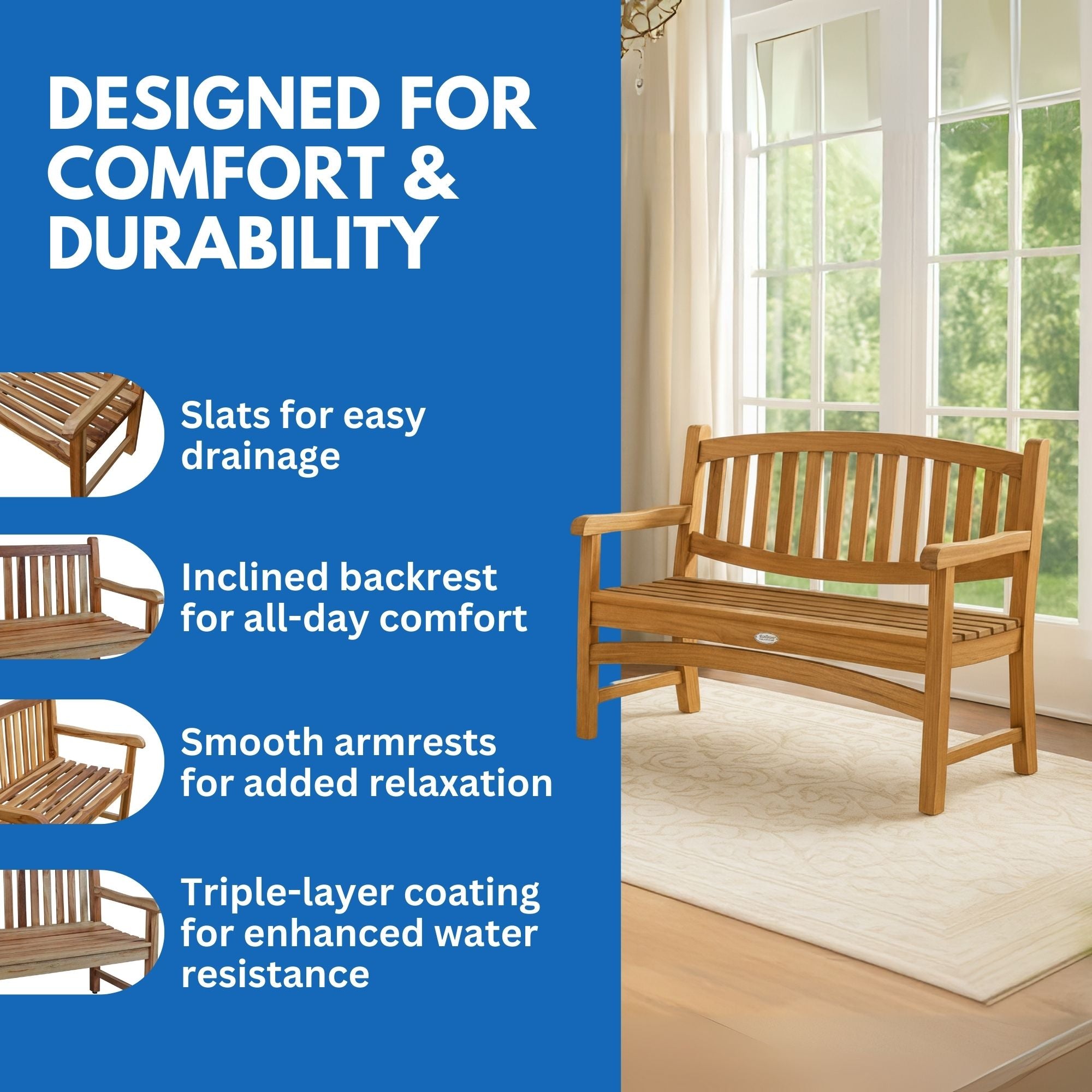 EcoDecors® Kent Garden 51" Teak Wood Outdoor Bench in EarthyTeak Finish