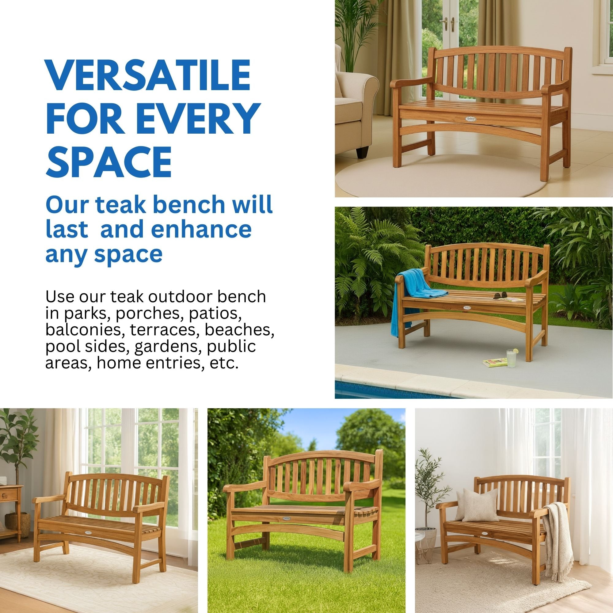EcoDecors® Kent Garden 51" Teak Wood Outdoor Bench in EarthyTeak Finish