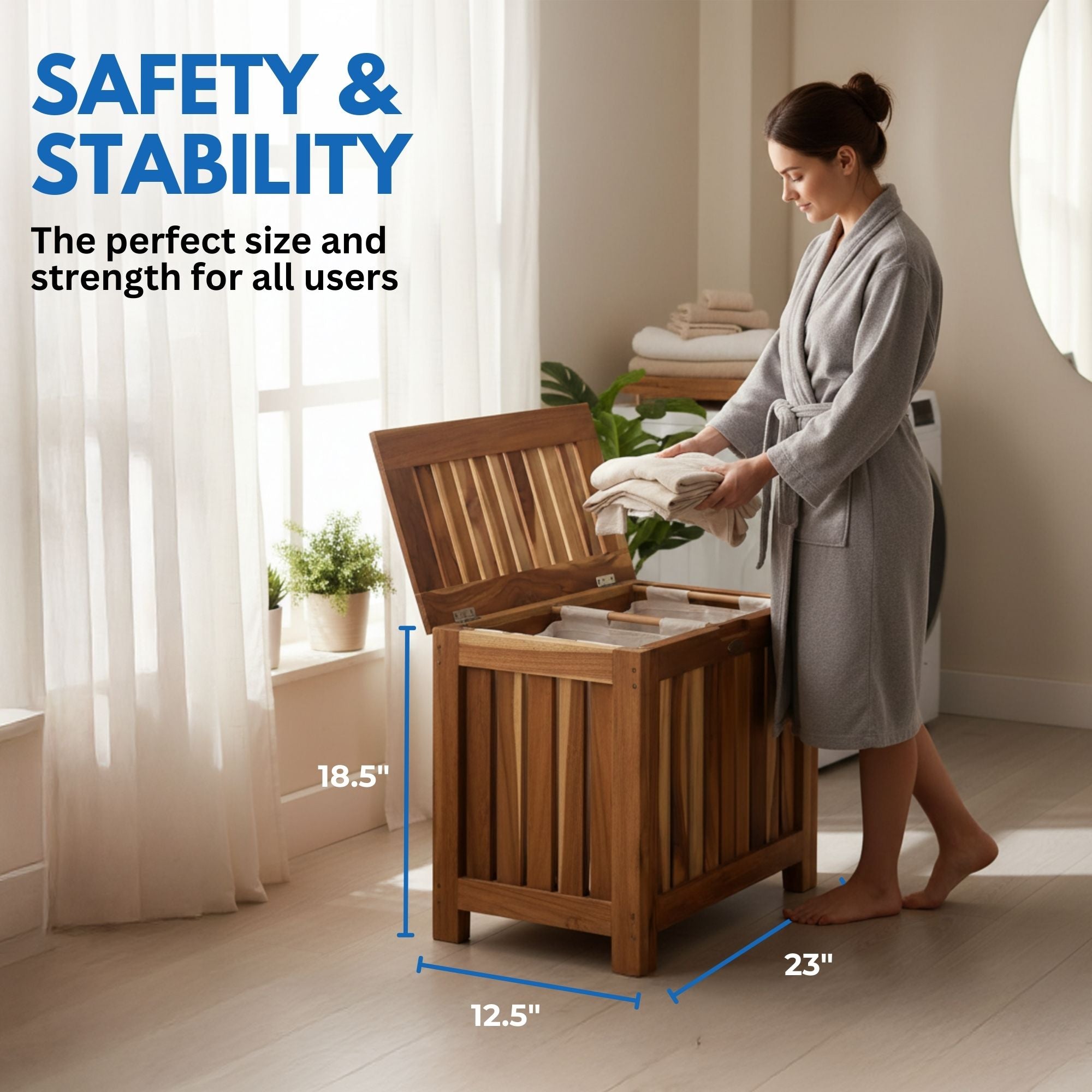 EcoDecors® Eleganto® 23" Wide Teak Wood Double Laundry Storage Hamper with Removable Bags in EarthyTeak® Finish