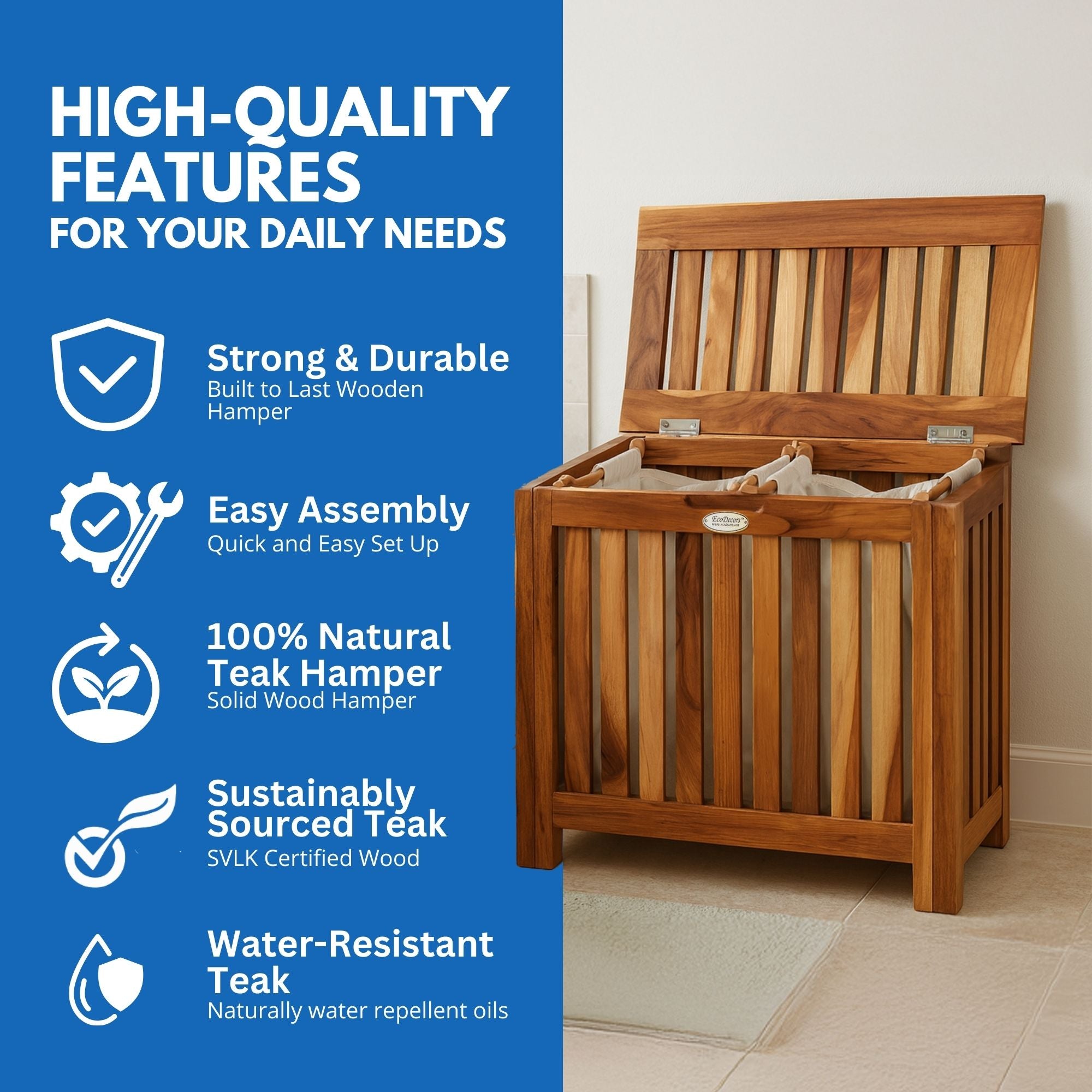 EcoDecors® Eleganto® 23" Wide Teak Wood Double Laundry Storage Hamper with Removable Bags in EarthyTeak® Finish