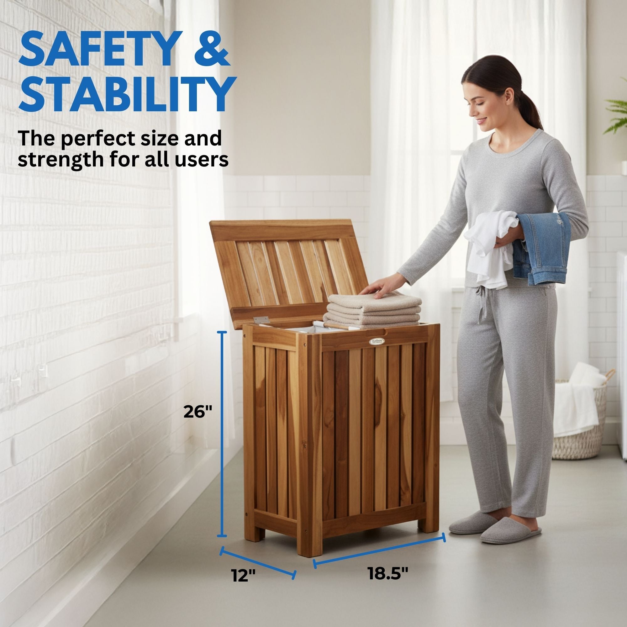 EcoDecors® Eleganto® 18" Teak Wood Double Laundry Storage Hamper with Removable Bags in EarthyTeak Finish