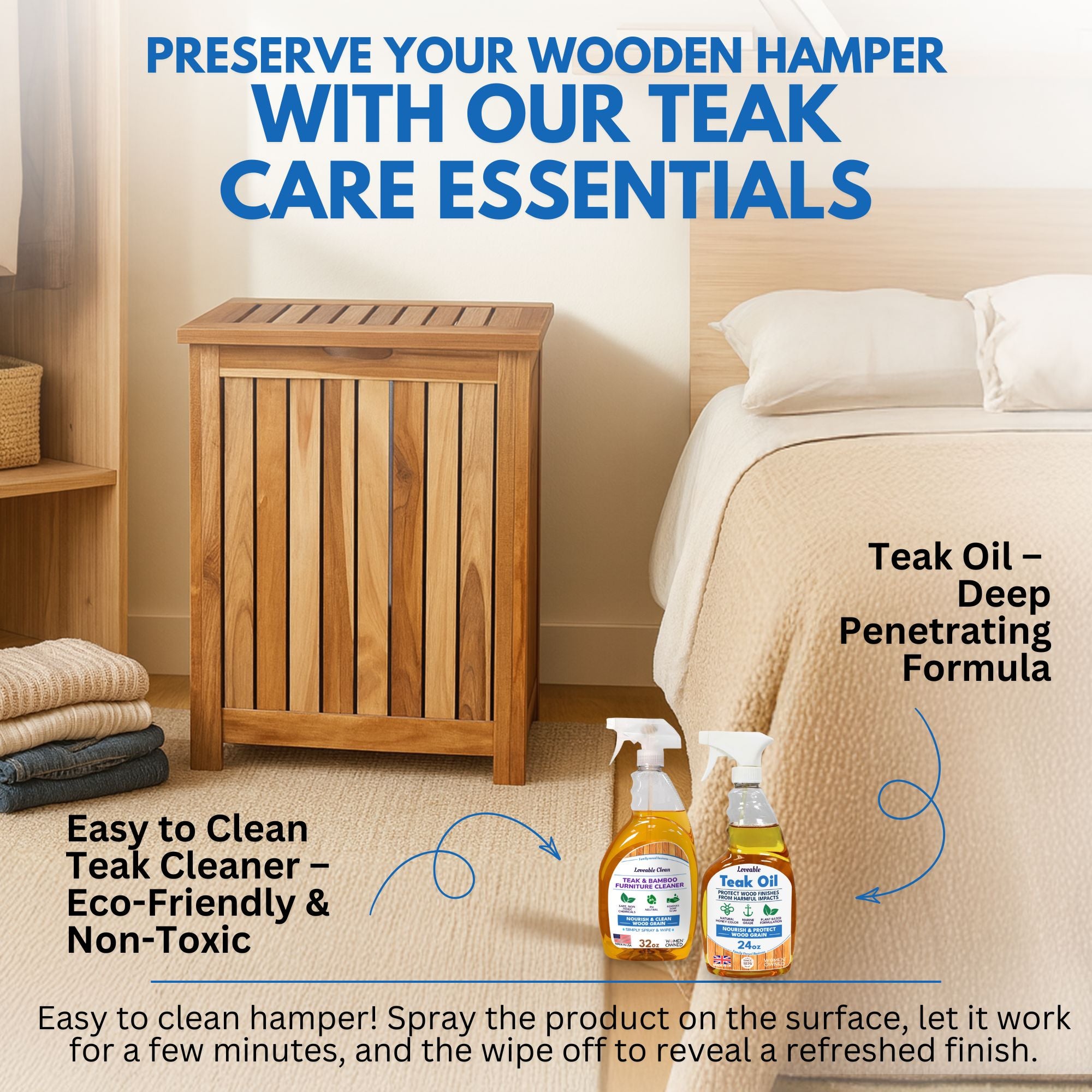 EcoDecors® Eleganto® 18" Teak Wood Double Laundry Storage Hamper with Removable Bags in EarthyTeak Finish