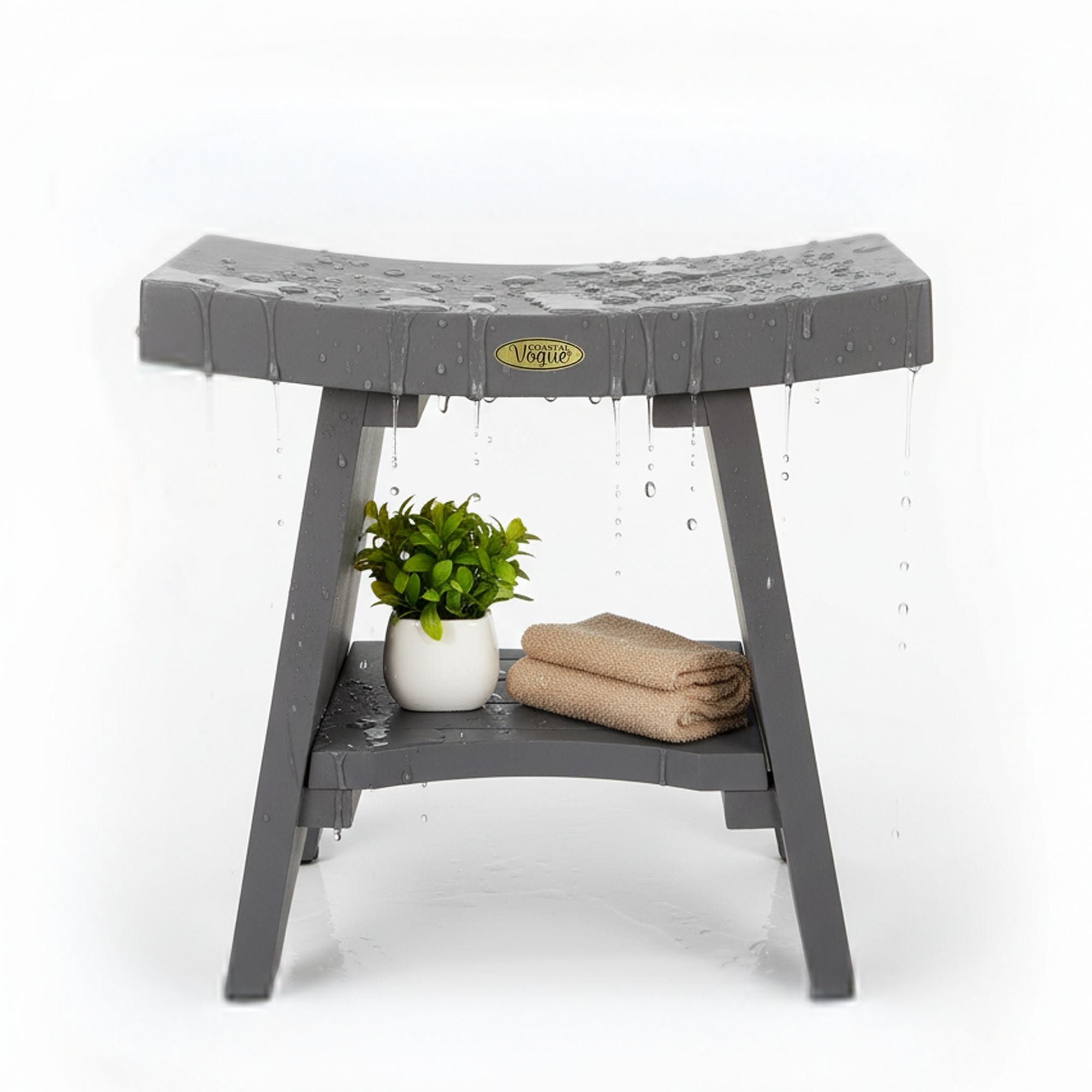 CoastalVogue® Serenity® 18" Teak Wood Shower Bench with Shelf in Coastal Driftwood Finish