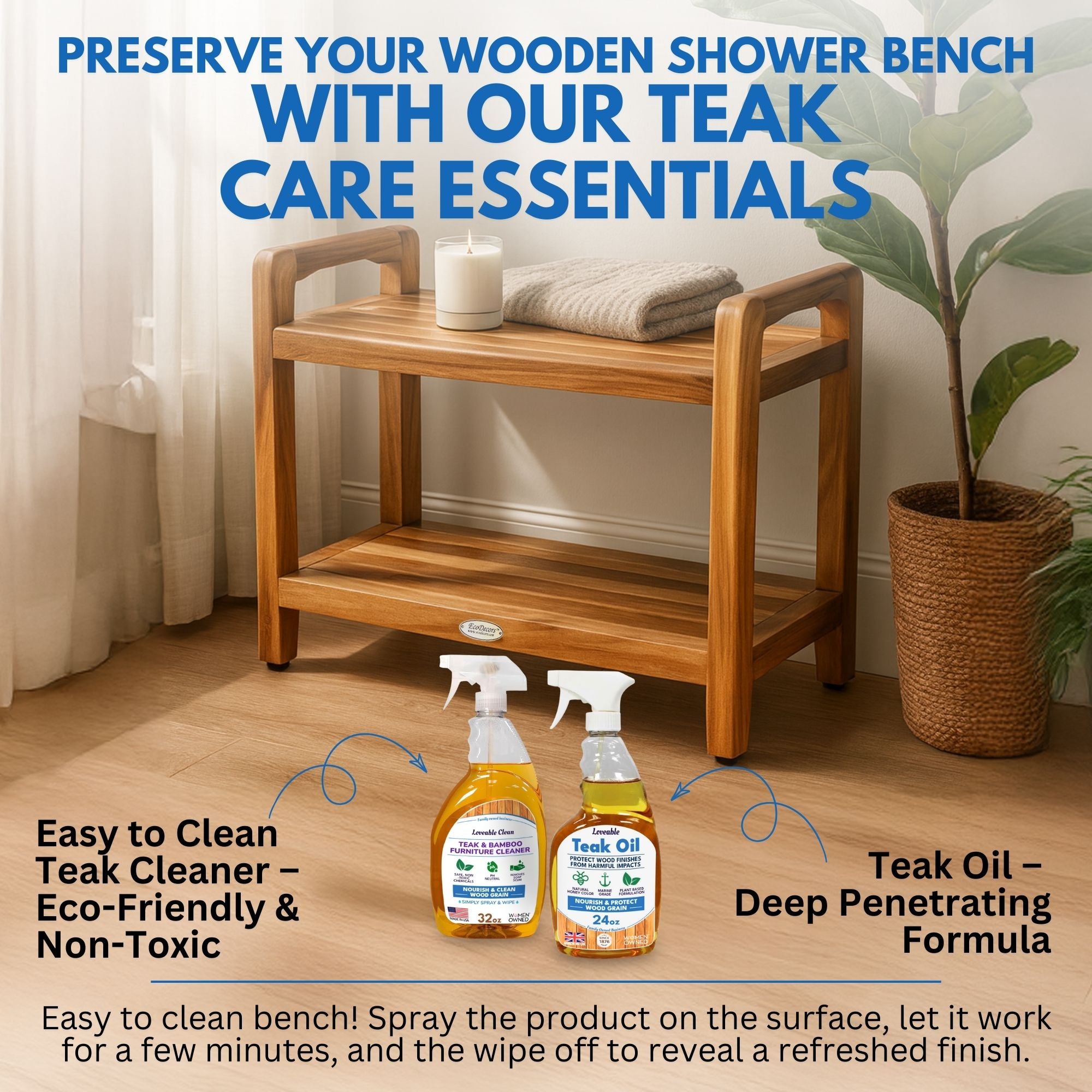 DecoTeak® Eleganto® 24” Extended Height Teak Shower or Bathroom Bench