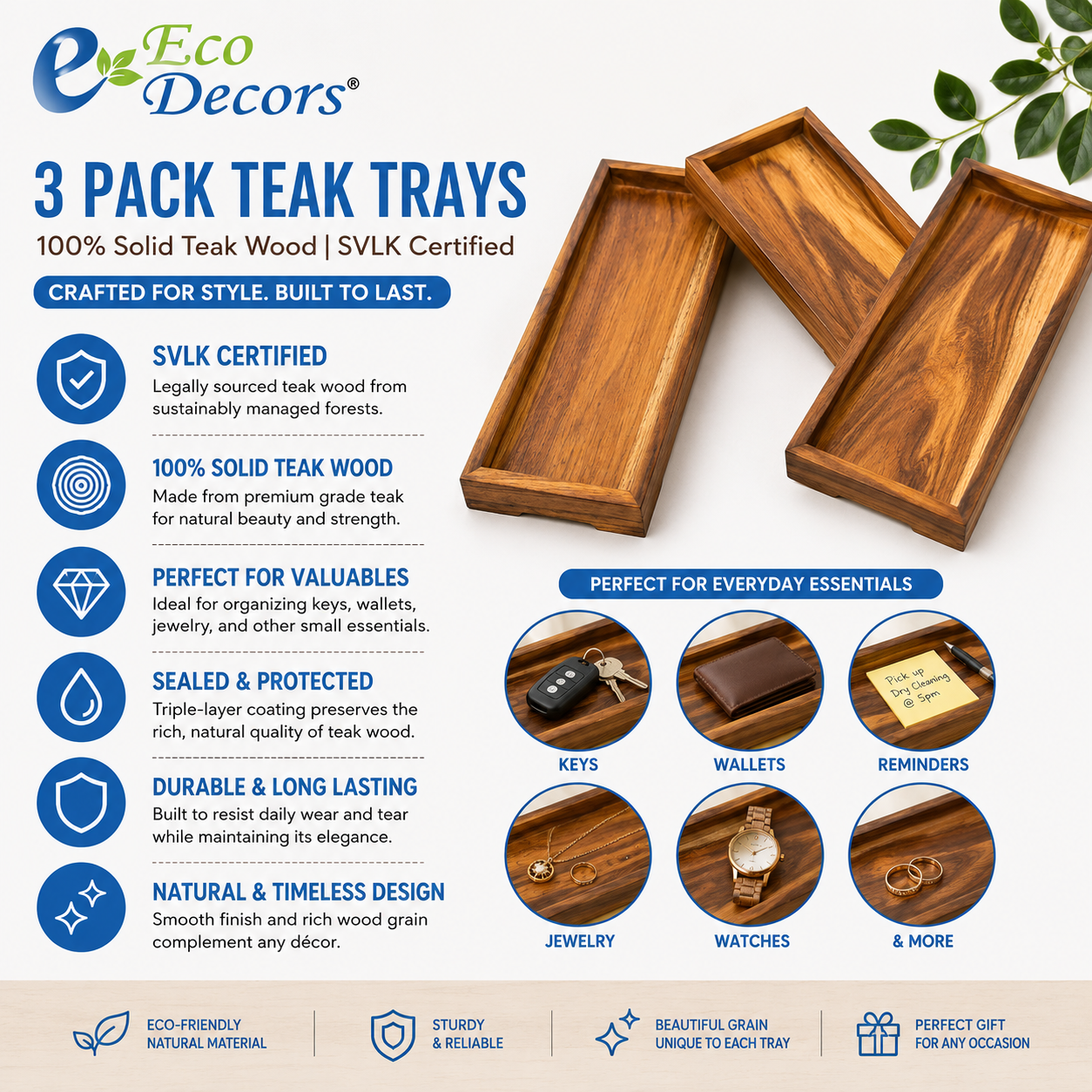 3 Pack Teak Amenity Trays for Bathroom Counter & Vanity – Solid Teak Wood Organizer for Jewelry, Perfume, Lotion, Wallets & Keys – Waterproof & SVLK Certified