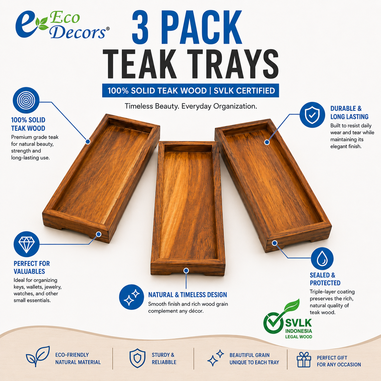 3 Pack Teak Amenity Trays for Bathroom Counter & Vanity – Solid Teak Wood Organizer for Jewelry, Perfume, Lotion, Wallets & Keys – Waterproof & SVLK Certified
