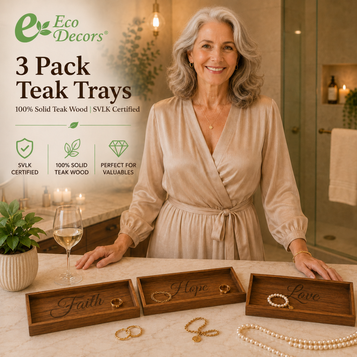 3-Pack Solid Teak Bathroom Vanity Trays – Faith, Love & Hope