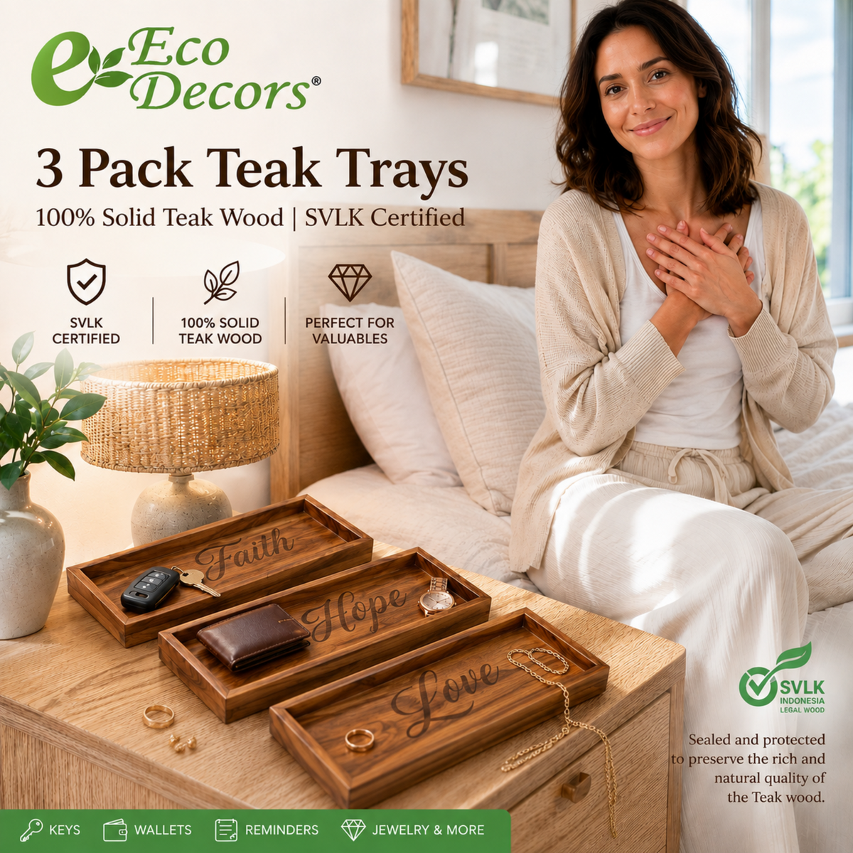 3-Pack Solid Teak Bathroom Vanity Trays – Faith, Love & Hope