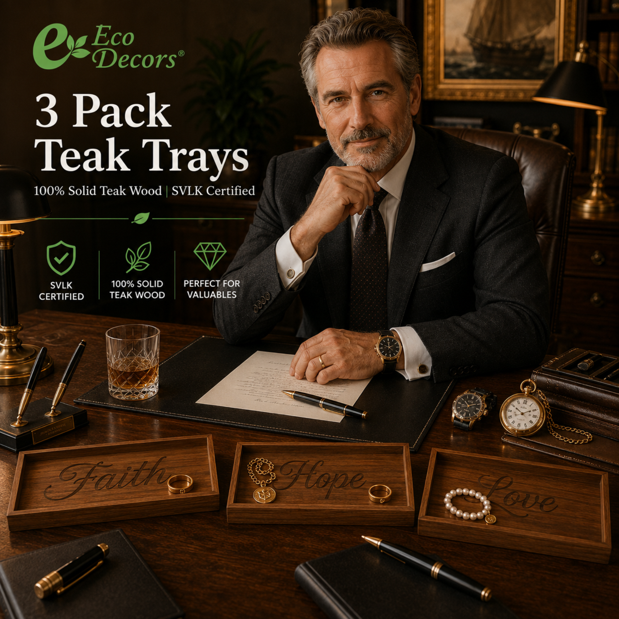 3-Pack Solid Teak Bathroom Vanity Trays – Faith, Love & Hope