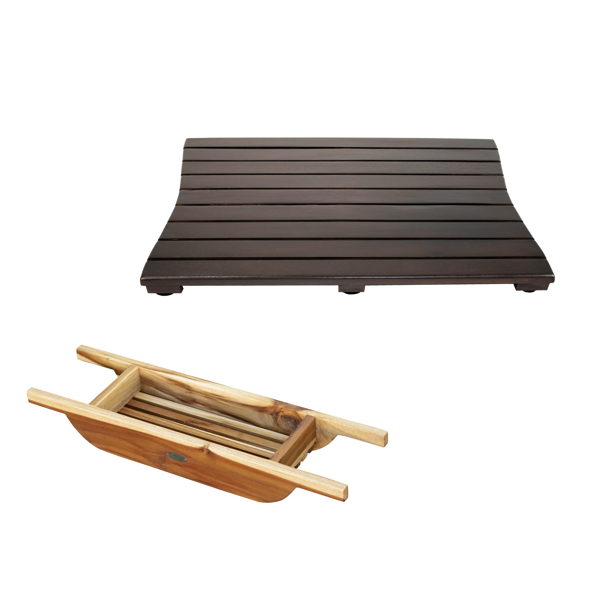 EcoDecors® Eleganto® 29" Teak Wood Bath Caddy in EarthyTeak Finish - DecoTeak® Eleganto® 23”W Teak Floor Mat in a Woodland Brown Finish