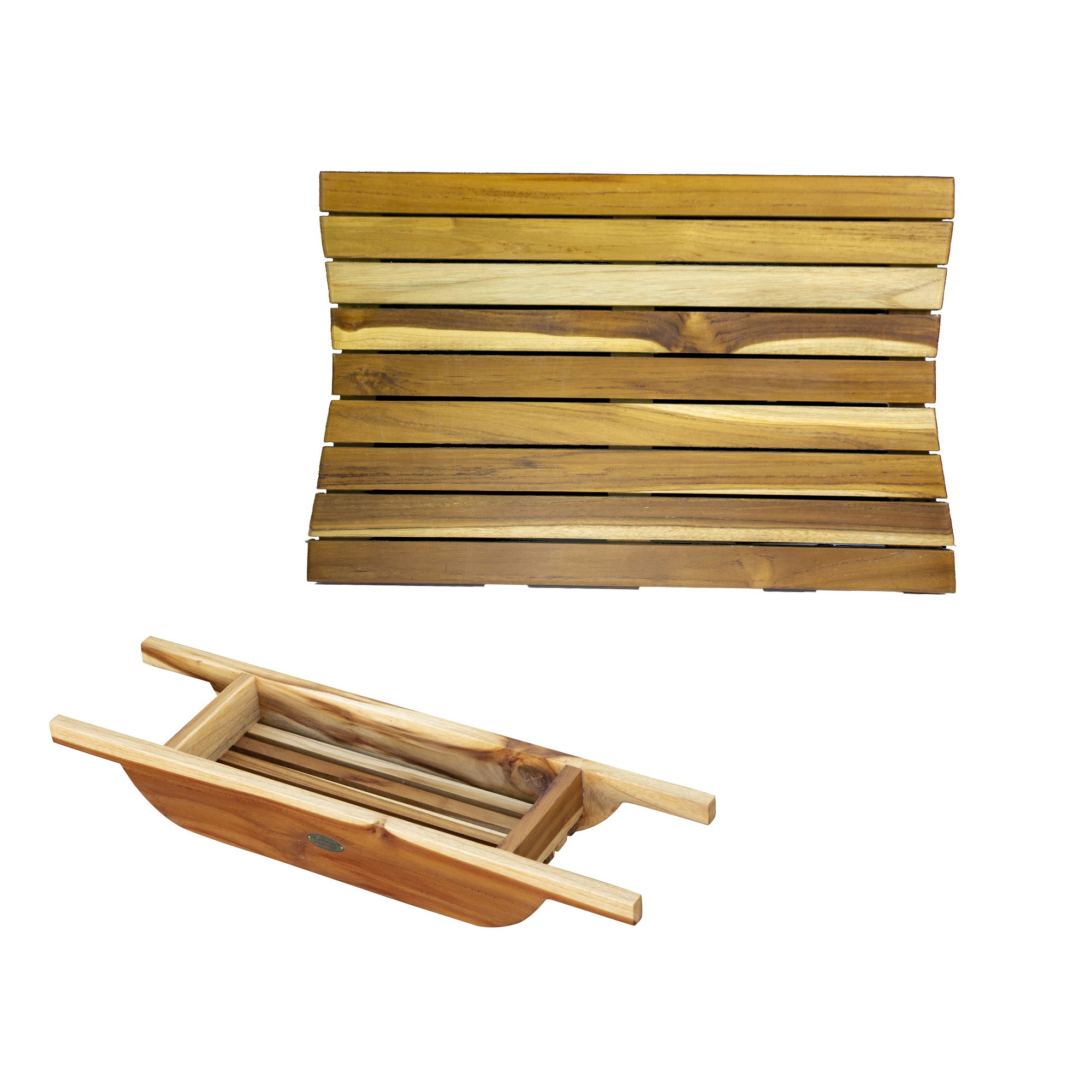 EcoDecors® Eleganto® 29" Teak Wood Bath Caddy in EarthyTeak Finish - The EcoDecors Eleganto 23" x 15" Slatted Solid Teak Bath Floor Mat in EarthyTeak Finish
