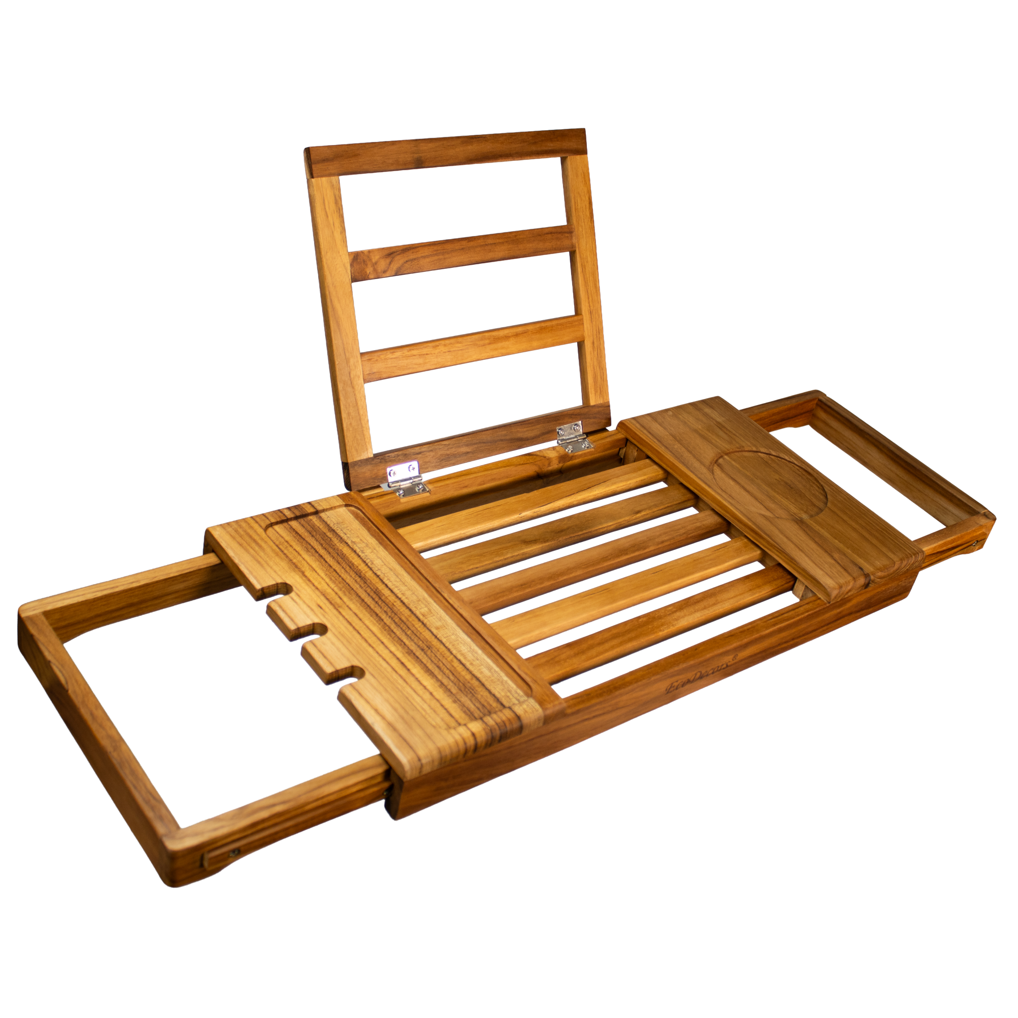EcoDecors Expandable Teak Bathtub Tray Caddy – Adjustable Wooden Bath Tub Tray with Wine Glass Holder, Book & Tablet Stand, Spa Bath Caddy Organizer, Waterproof Solid Teak Bath Shelf