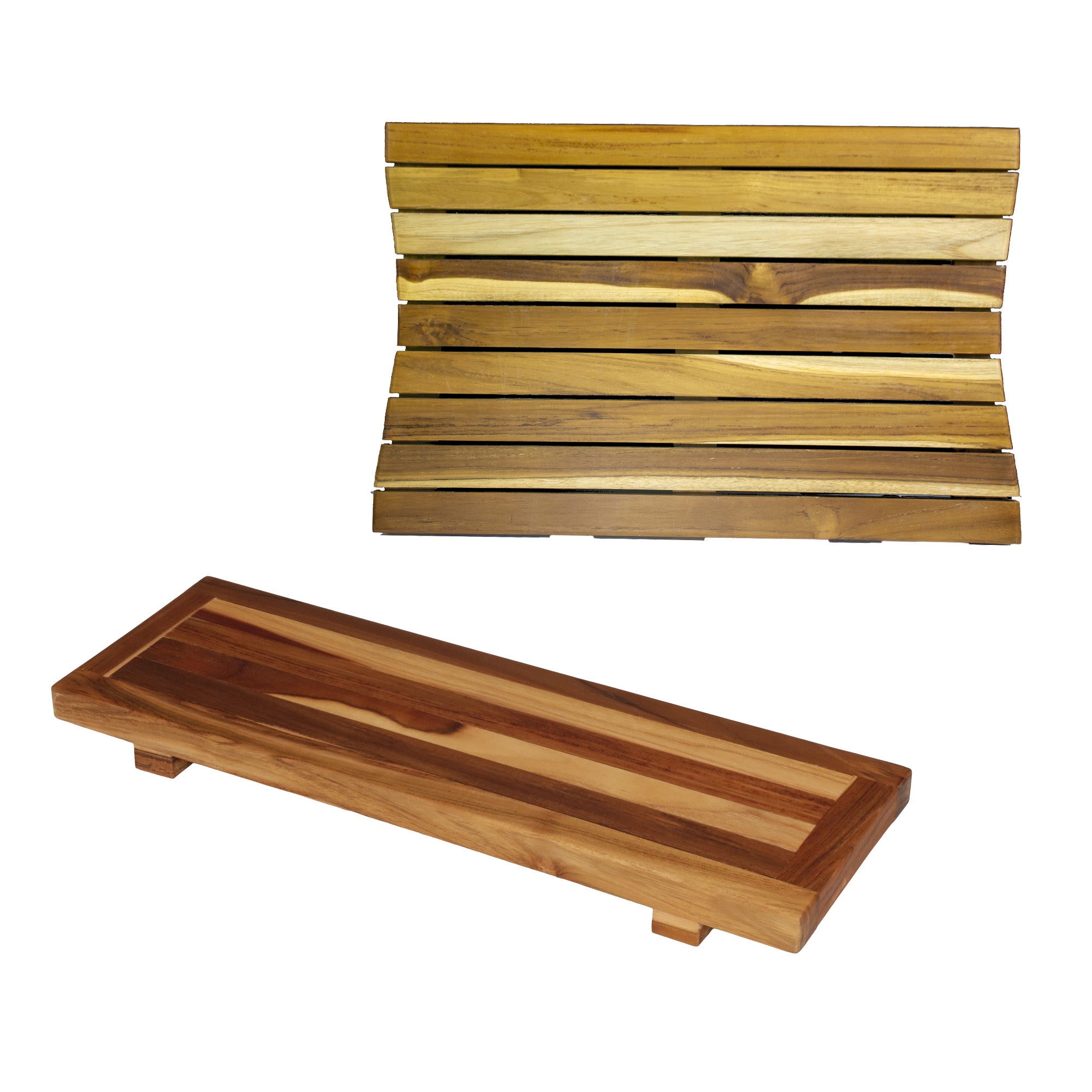 EcoDecors® Eleganto® 29" Teak Wood Bath Tray and Seat in EarthyTeak Finish - The EcoDecors Eleganto 23" x 15" Slatted Solid Teak Bath Floor Mat in EarthyTeak Finish