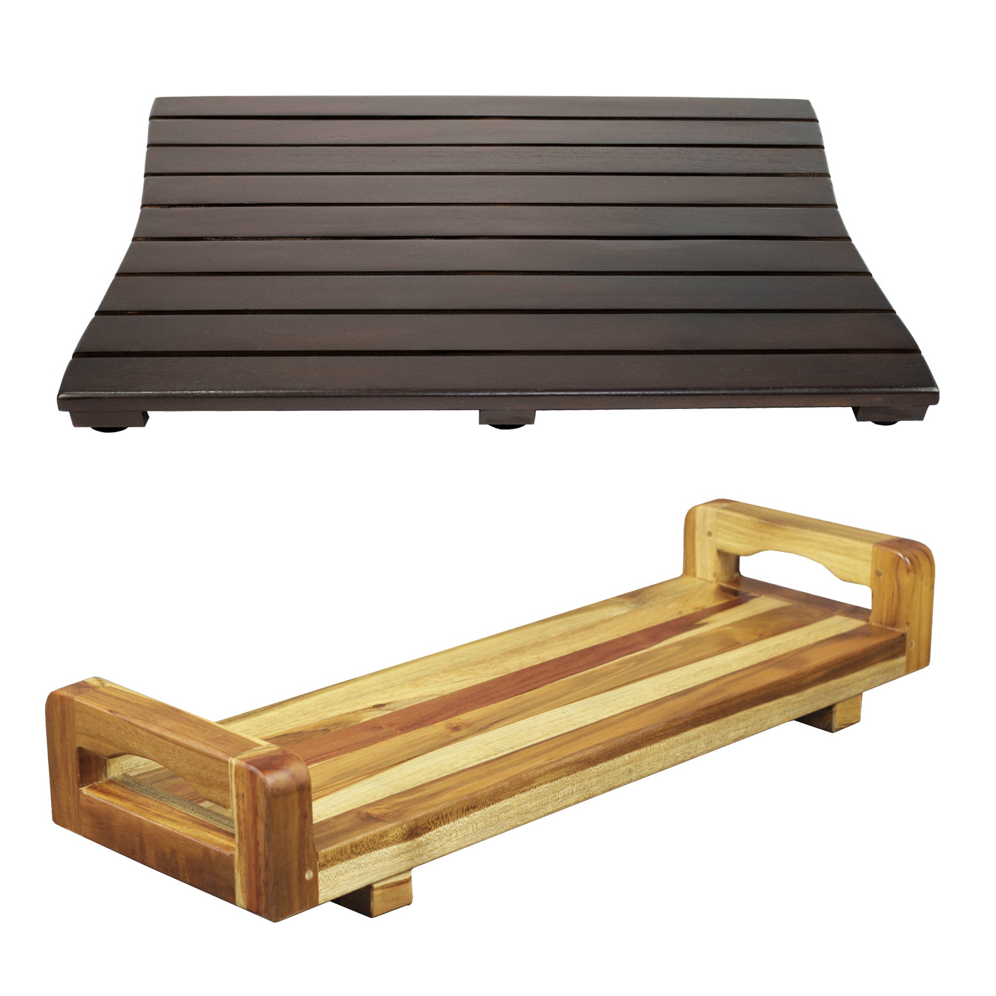EcoDecors® Eleganto® 29" Teak Wood Bath Tray and Seat with LiftAide® Arms in EarthyTeak Finish - DecoTeak® Eleganto® 23”W Teak Floor Mat in a Woodland Brown Finish
