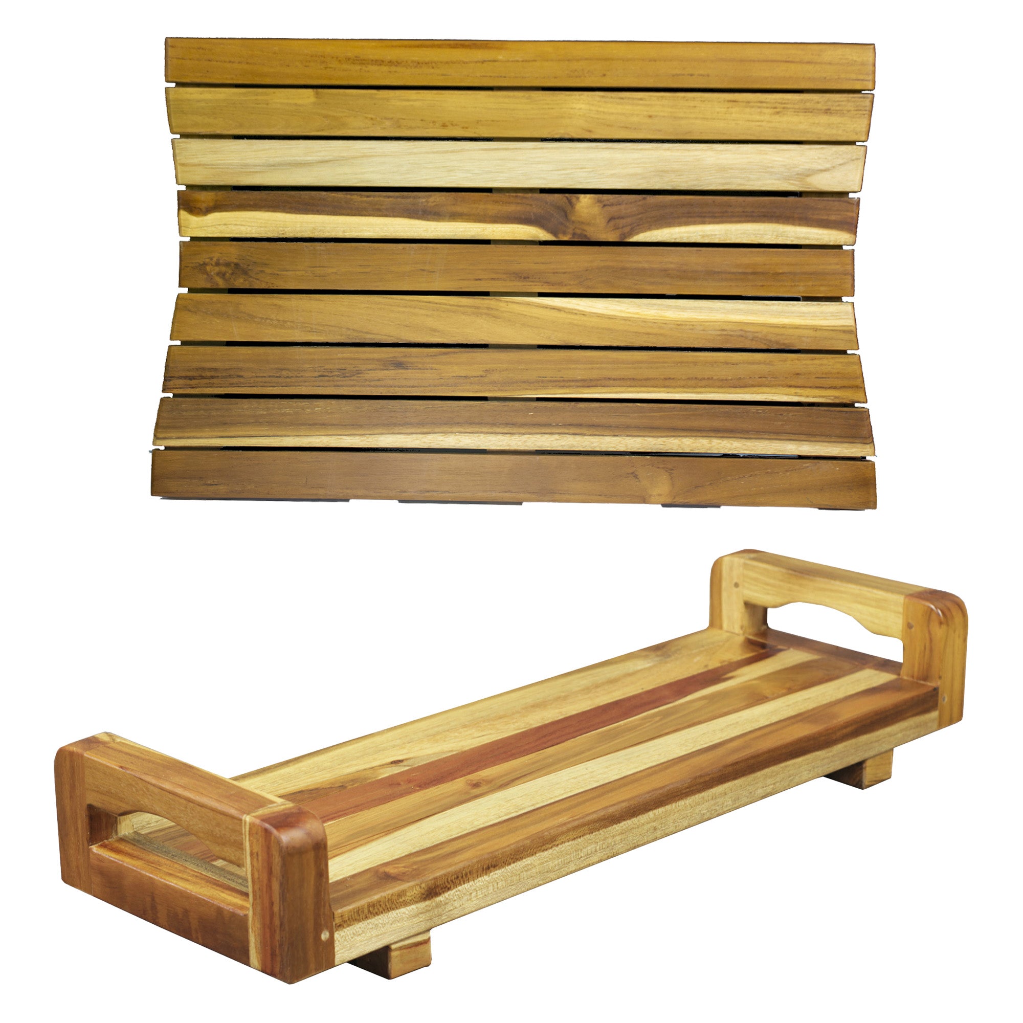 EcoDecors® Eleganto® 29" Teak Wood Bath Tray and Seat with LiftAide® Arms in EarthyTeak Finish - The EcoDecors Eleganto 23" x 15" Slatted Solid Teak Bath Floor Mat in EarthyTeak Finish