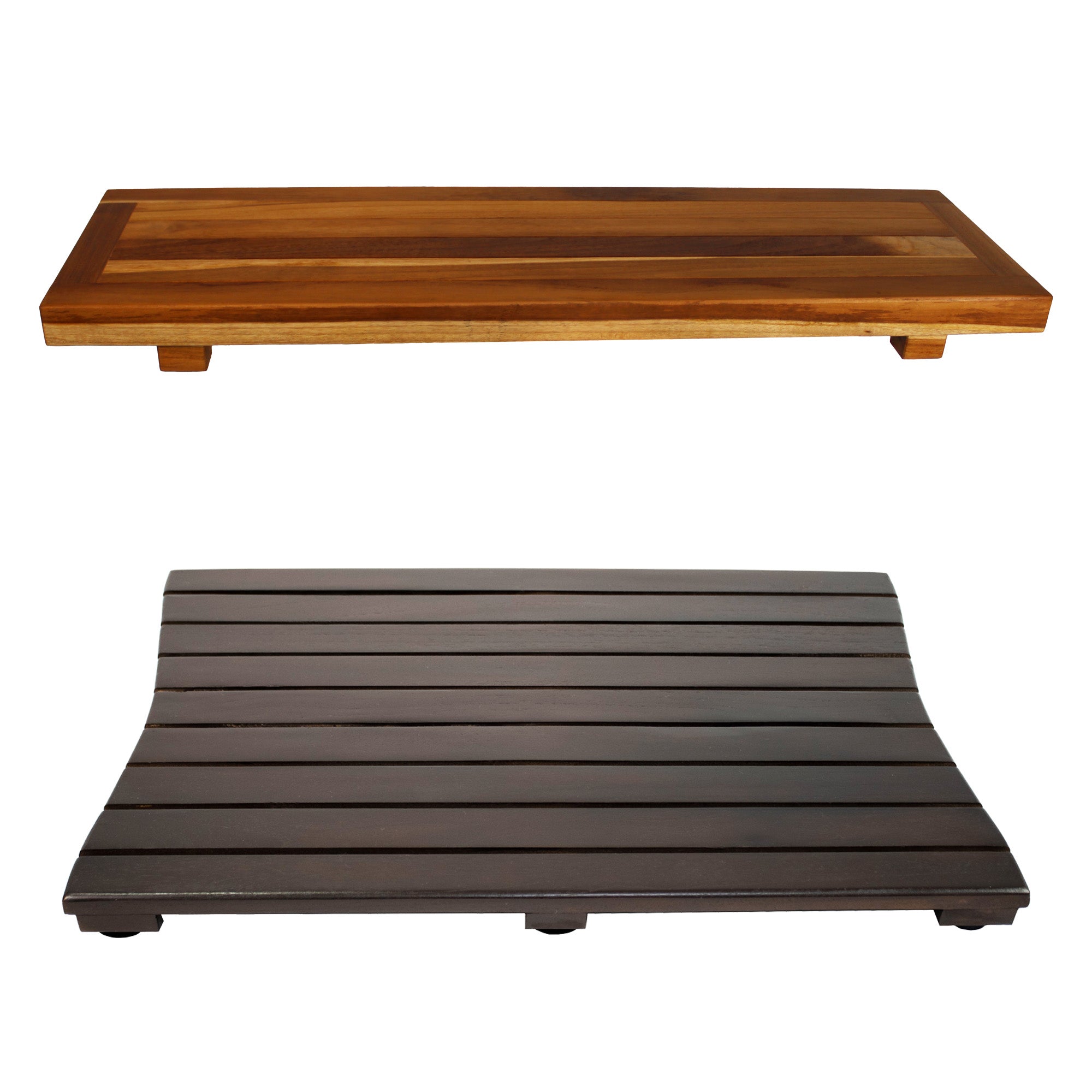 Eleganto® 34” Teak Bath Tray and Seat in EarthyTeak® Finish - DecoTeak® Eleganto® 23”W Teak Floor Mat in a Woodland Brown Finish