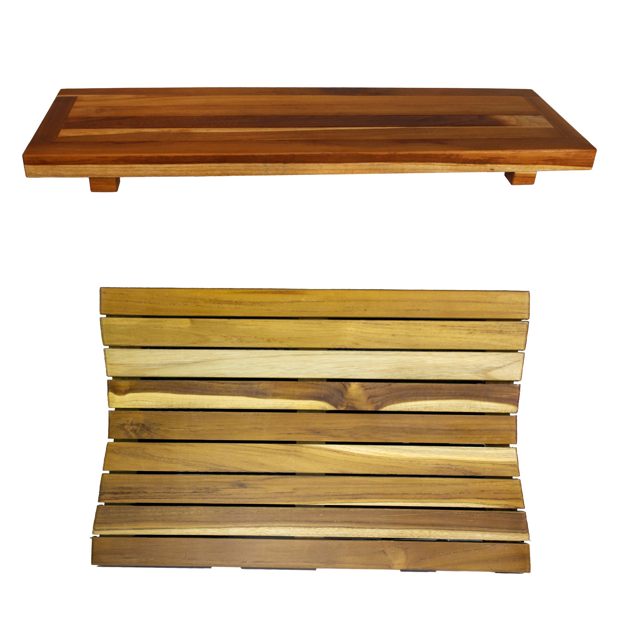 Eleganto® 34” Teak Bath Tray and Seat in EarthyTeak® Finish - The EcoDecors Eleganto 23" x 15" Slatted Solid Teak Bath Floor Mat in EarthyTeak Finish