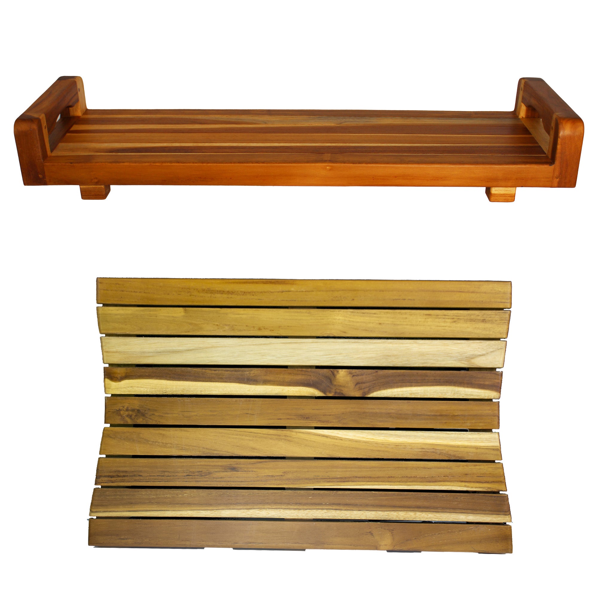 Eleganto® 34” Teak Bath Tray with LiftAide® in EarthyTeak® Finish - The EcoDecors Eleganto 23" x 15" Slatted Solid Teak Bath Floor Mat in EarthyTeak Finish