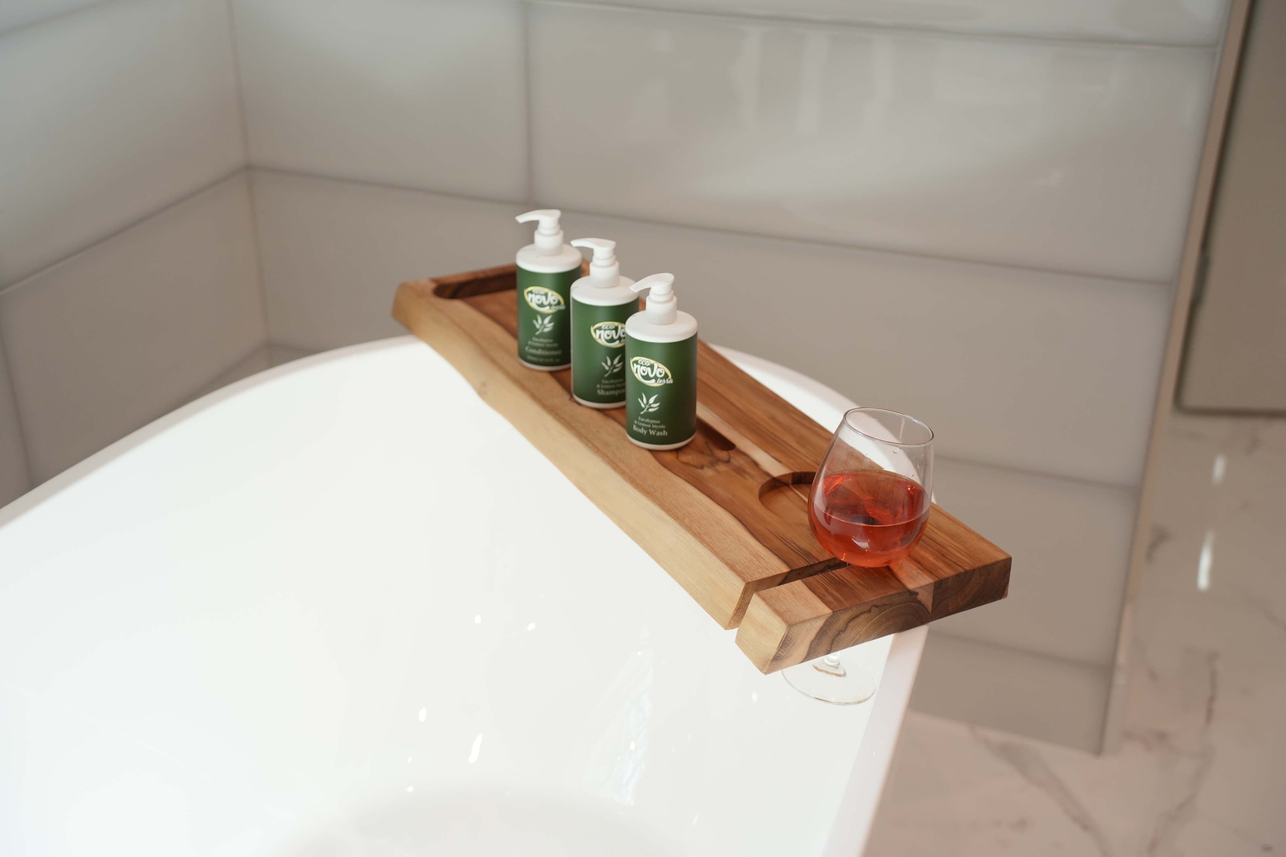 EcoDecors Eleganto 30" Solid Teak Bath Caddy Tray with Wine Glass & Tablet Holder