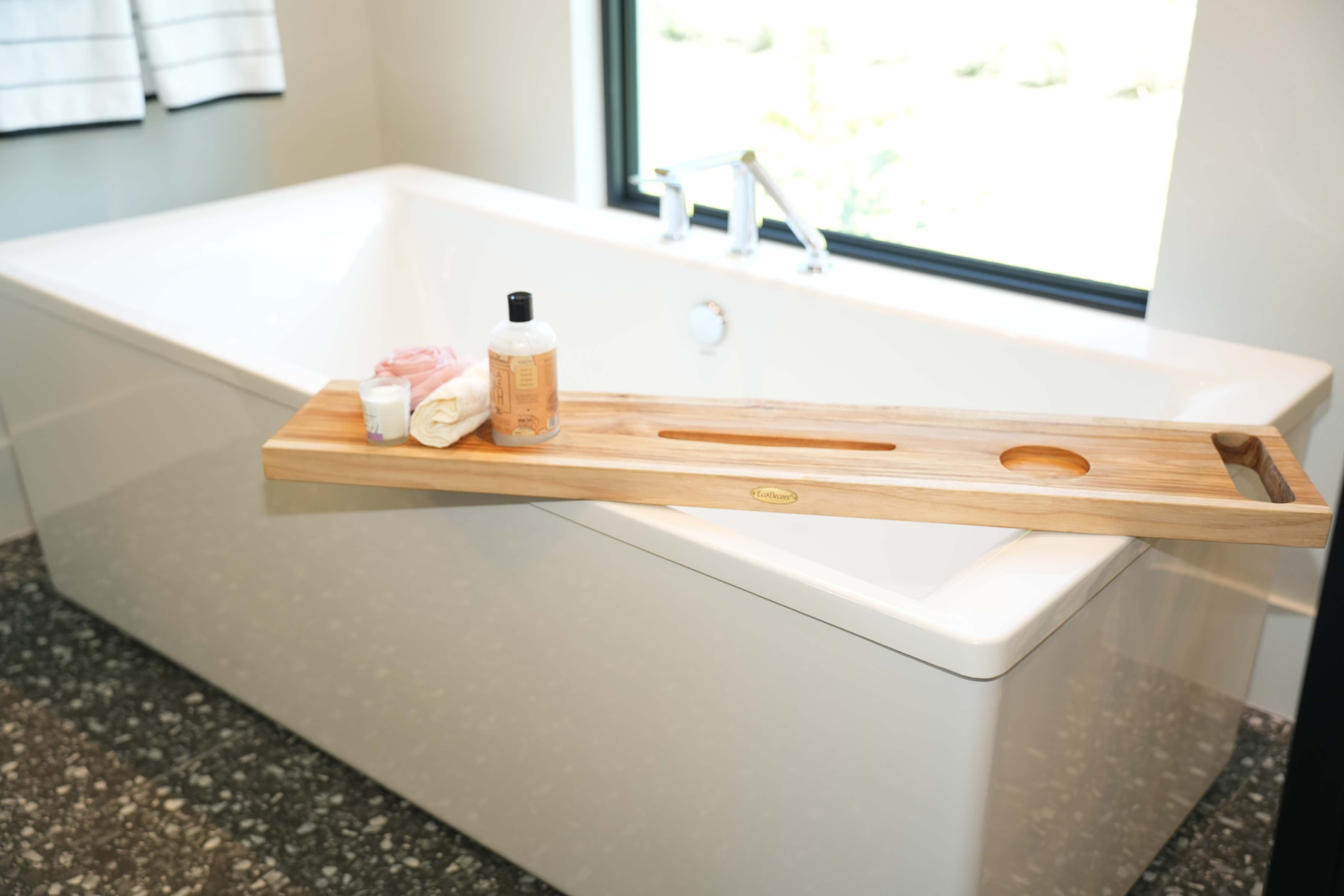 EcoDecors Eleganto 36" Solid Teak Bath Caddy Tray with Wine Glass & Tablet Holder