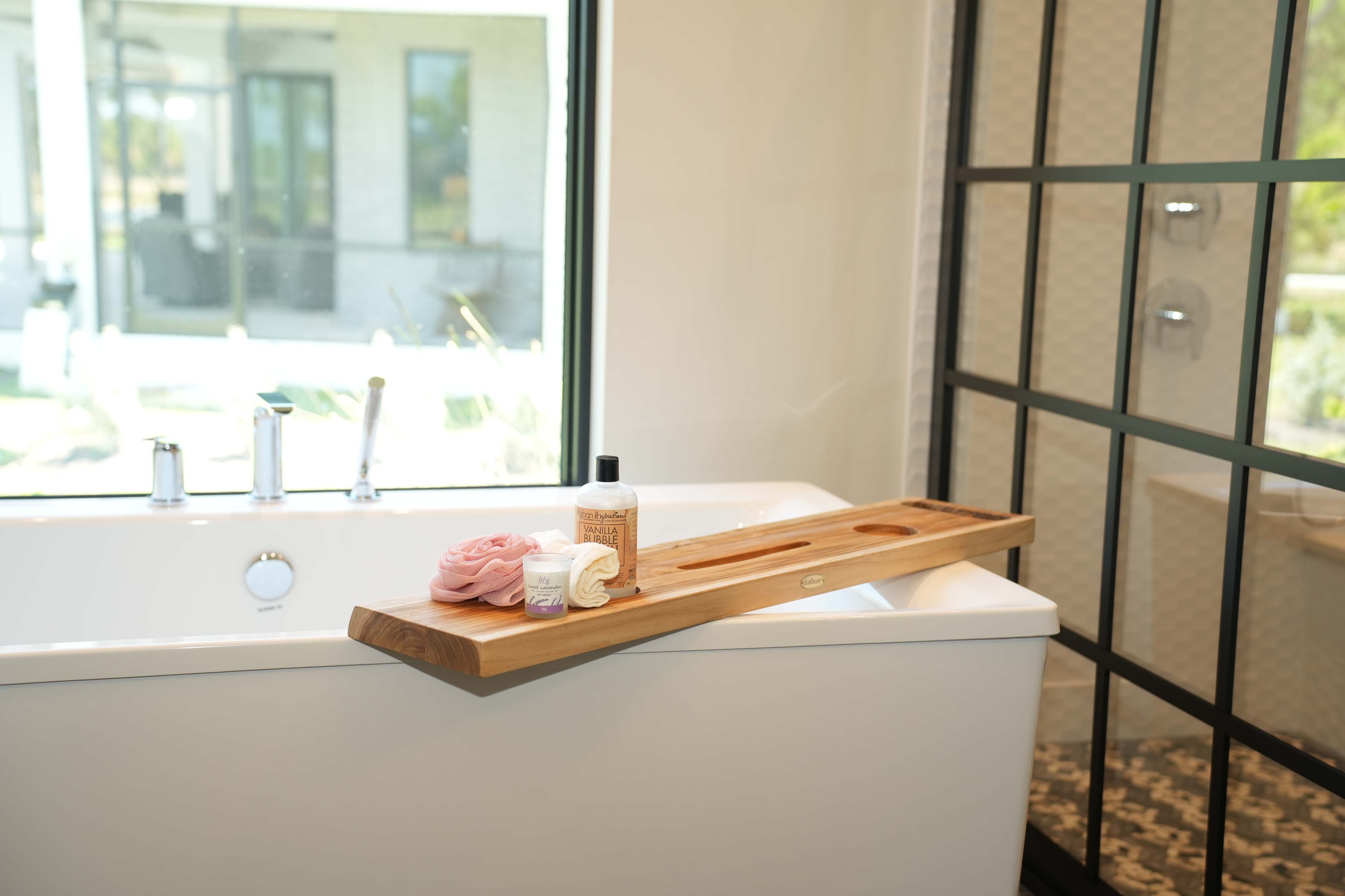 EcoDecors Eleganto 36" Solid Teak Bath Caddy Tray with Wine Glass & Tablet Holder