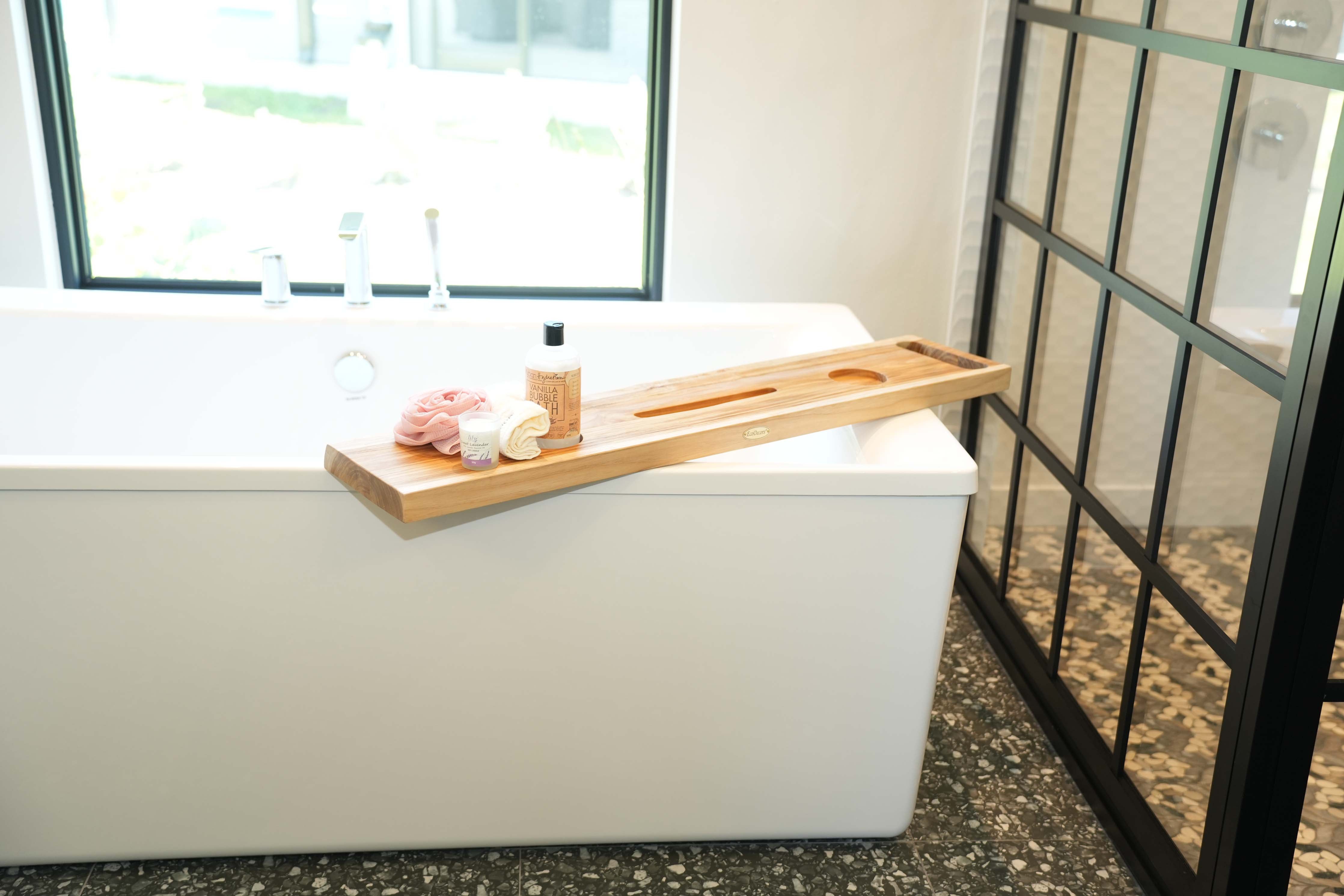 EcoDecors Eleganto 36" Solid Teak Bath Caddy Tray with Wine Glass & Tablet Holder