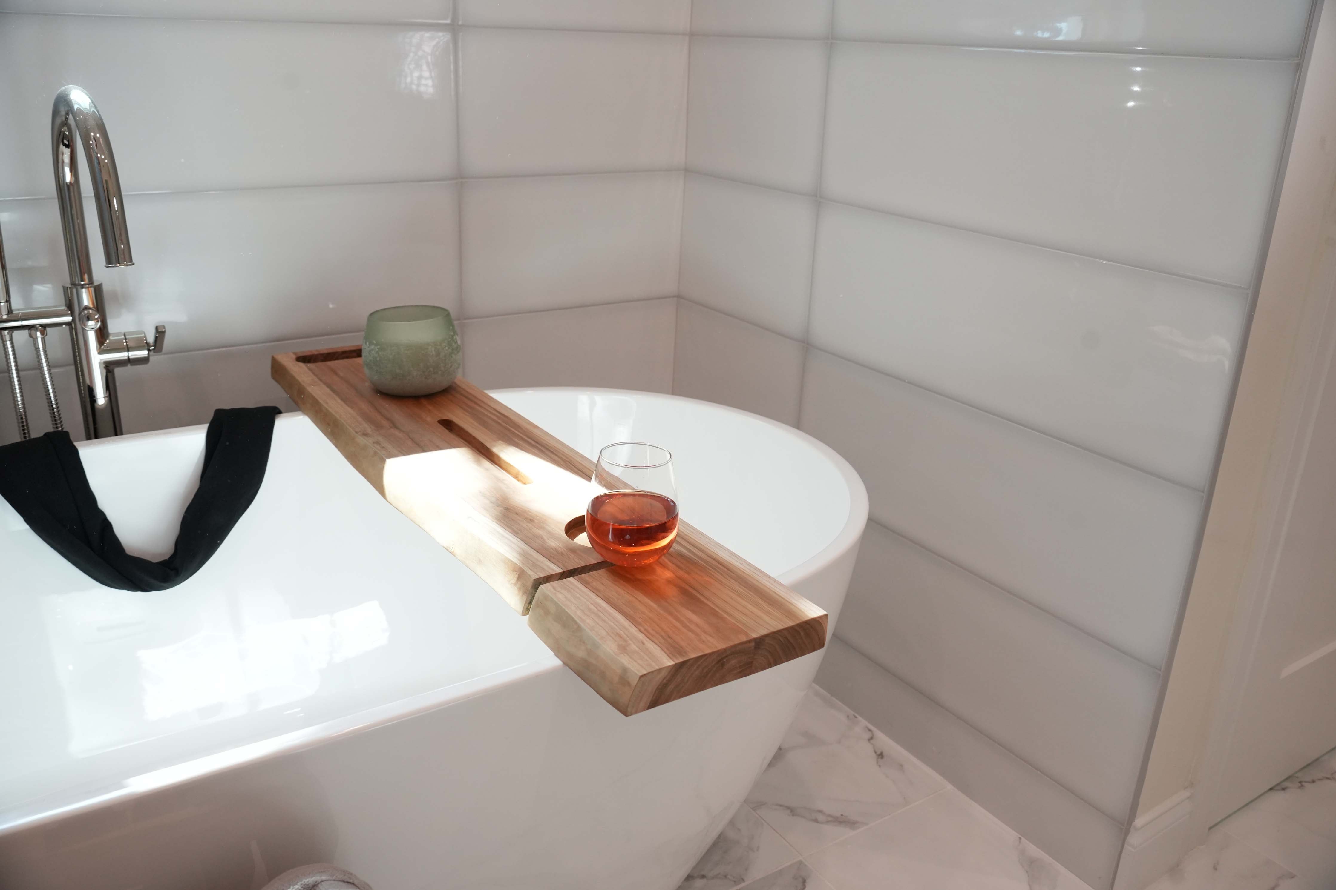 EcoDecors Eleganto 50" Solid Teak Bath Caddy Tray with Wine Glass & Tablet Holder