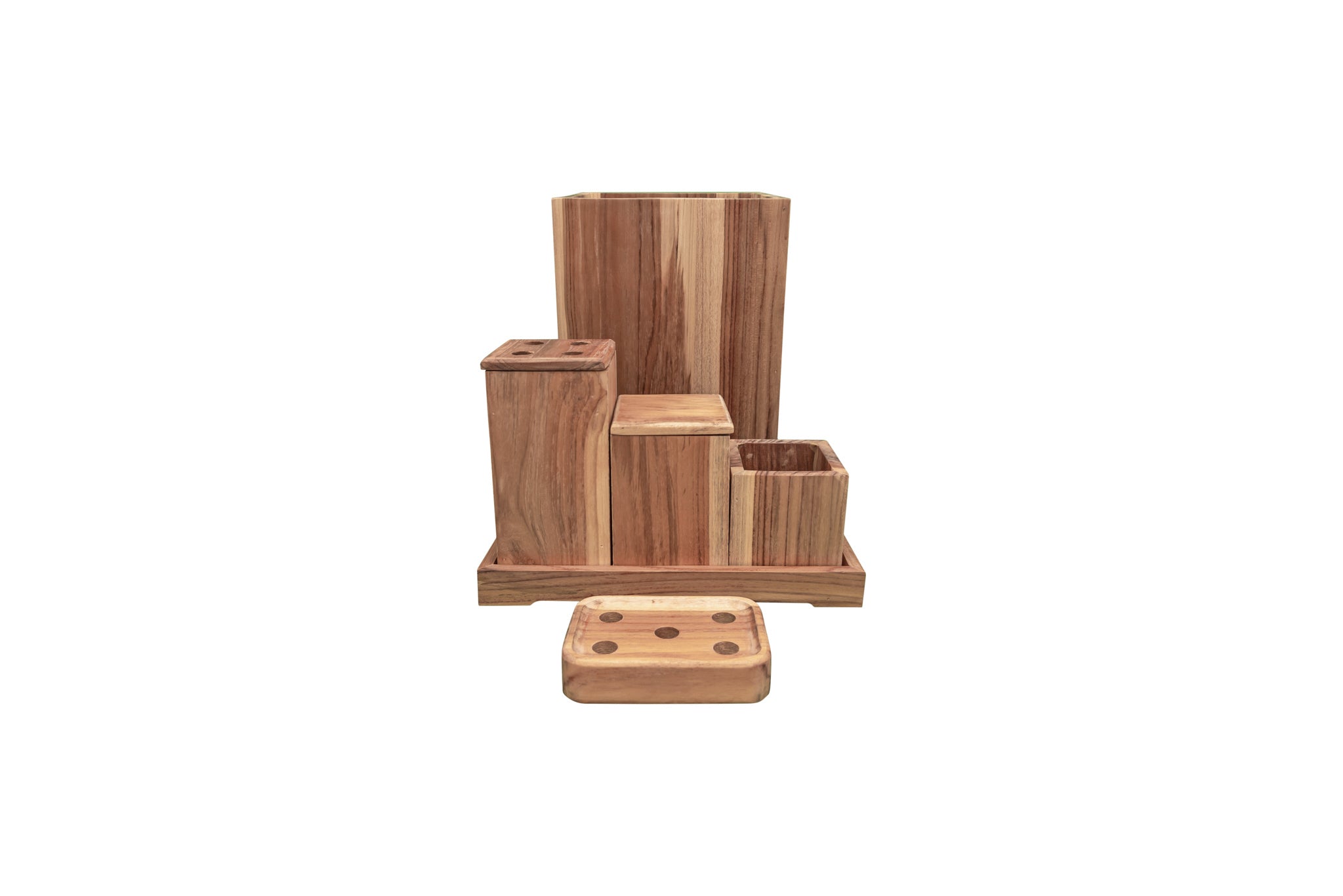 EcoDecors® Eleganto® 24"Teak Wood Double Laundry Storage Hamper with Removable Bags in EarthyTeak Finish & EcoDecors® Eleganto® 9 Piece Teak Wood Bathroom Amenities Set in EarthyTeak® Finish