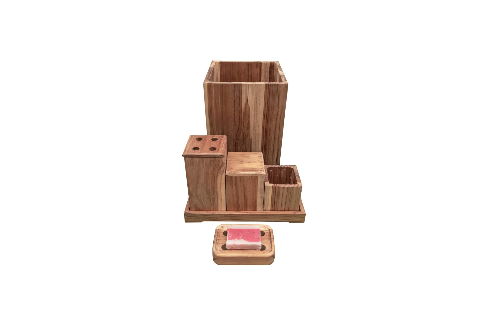 EcoDecors® Eleganto® 24"Teak Wood Double Laundry Storage Hamper with Removable Bags in EarthyTeak Finish & EcoDecors® Eleganto® 9 Piece Teak Wood Bathroom Amenities Set in EarthyTeak® Finish