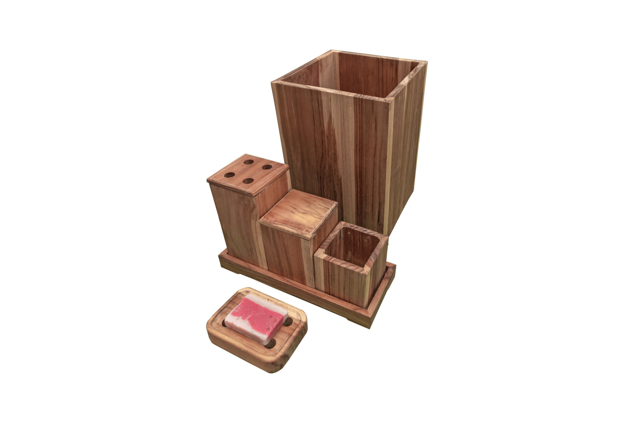 EcoDecors® Eleganto® 24"Teak Wood Double Laundry Storage Hamper with Removable Bags in EarthyTeak Finish & EcoDecors® Eleganto® 9 Piece Teak Wood Bathroom Amenities Set in EarthyTeak® Finish