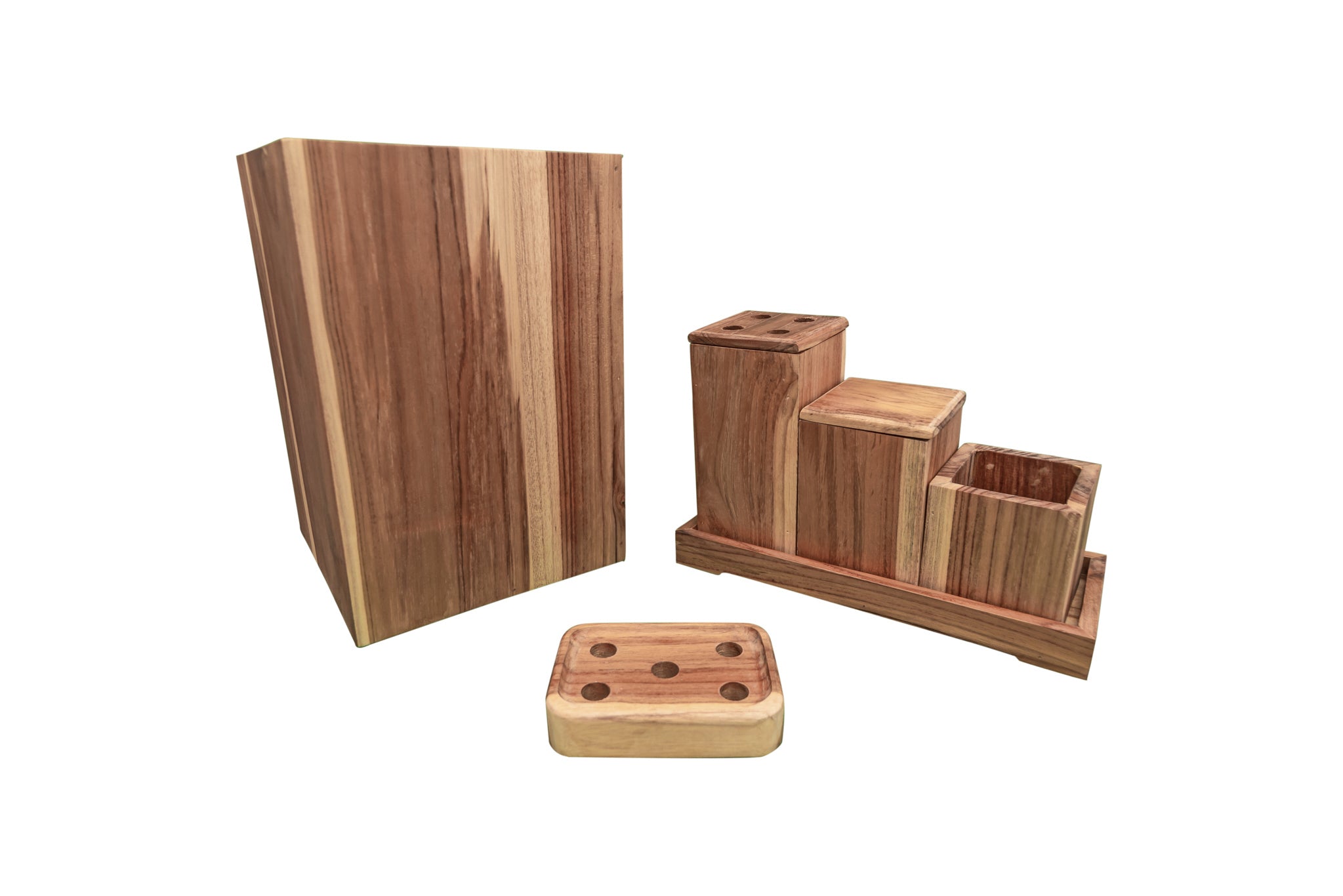 EcoDecors® Eleganto® 24"Teak Wood Double Laundry Storage Hamper with Removable Bags in EarthyTeak Finish & EcoDecors® Eleganto® 9 Piece Teak Wood Bathroom Amenities Set in EarthyTeak® Finish