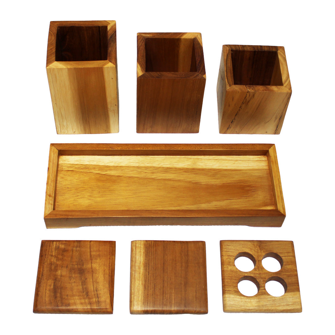 Eleganto® 3 Piece Teak Wood Bathroom Amenities Set with Tray in EarthyTeak® Finish