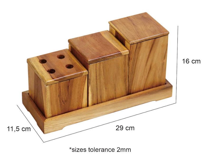 Eleganto® 3 Piece Teak Wood Bathroom Amenities Set with Tray in EarthyTeak® Finish