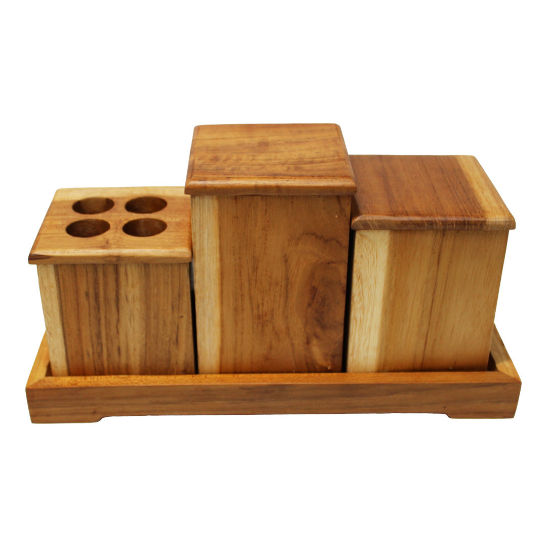 Eleganto® 3 Piece Teak Wood Bathroom Amenities Set with Tray in EarthyTeak® Finish