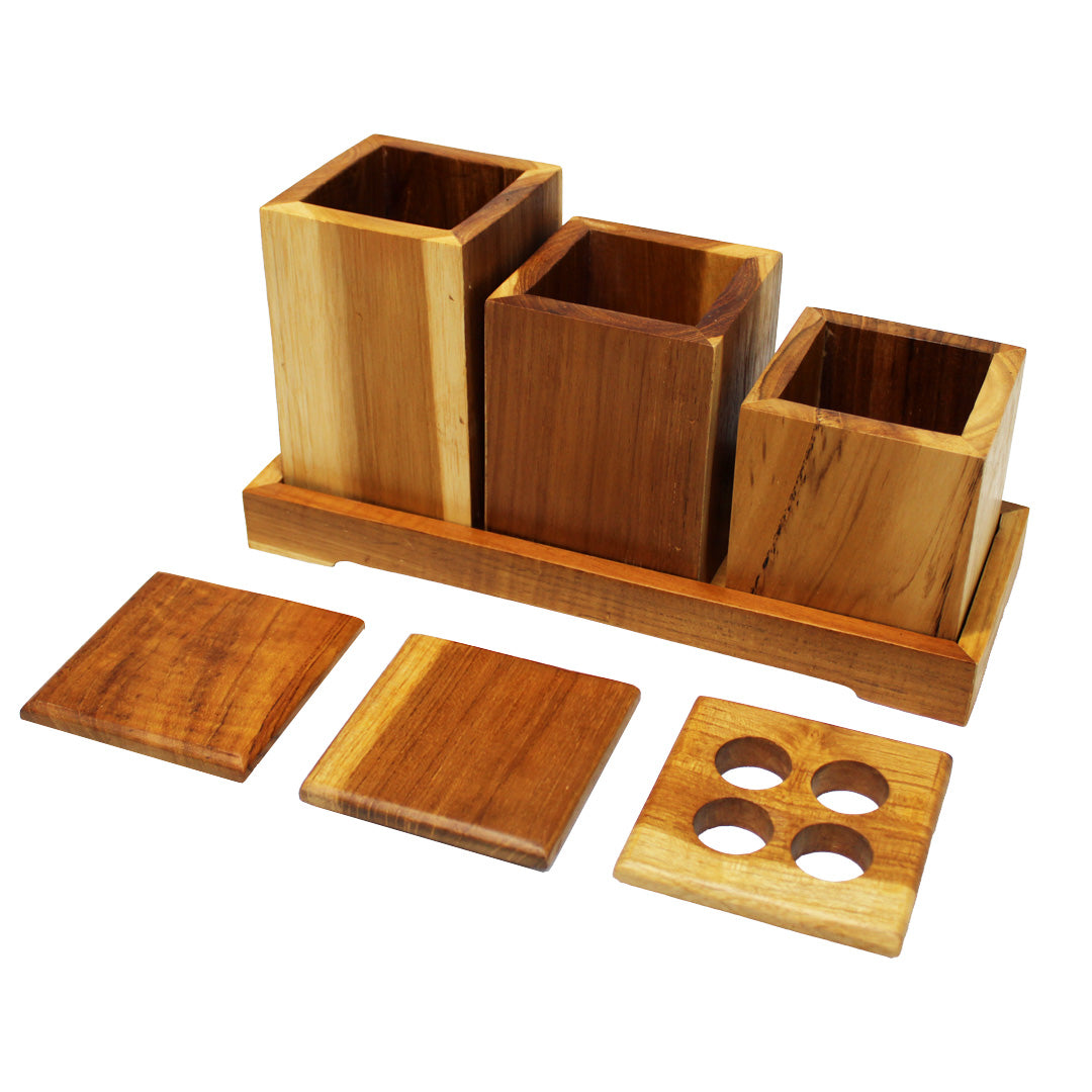 Eleganto® 3 Piece Teak Wood Bathroom Amenities Set with Tray in EarthyTeak® Finish