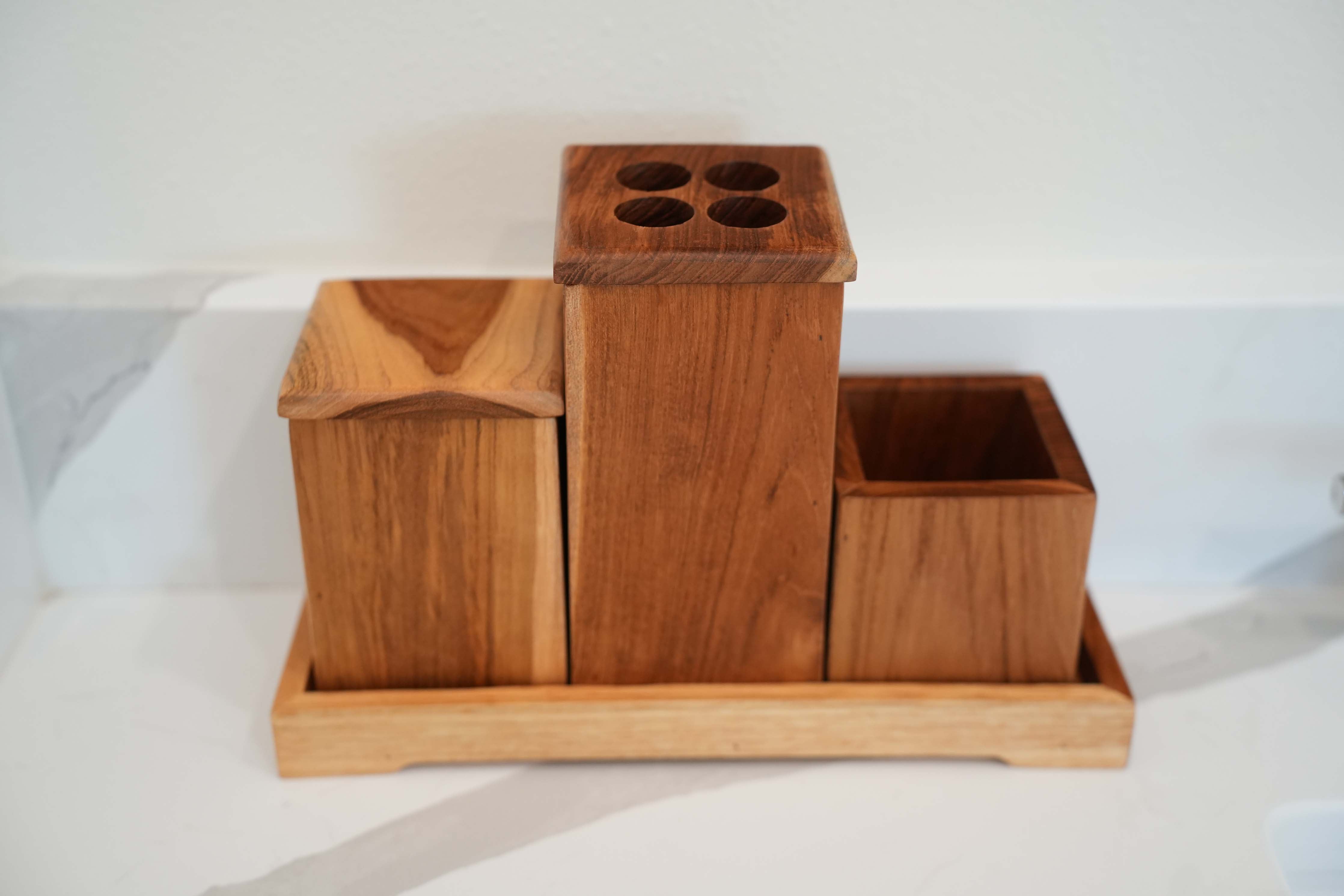 Eleganto® 3 Piece Teak Wood Bathroom Amenities Set with Tray in EarthyTeak® Finish