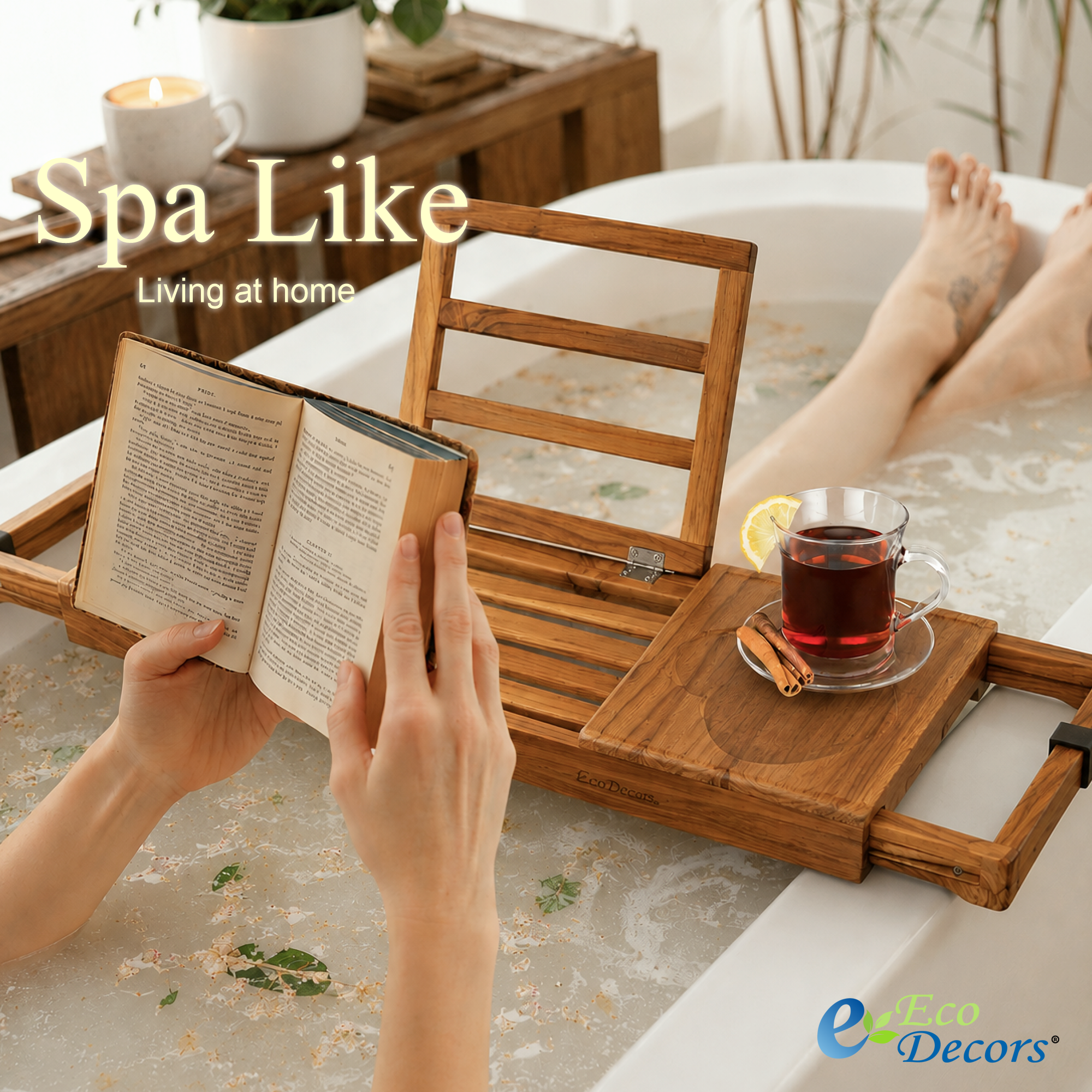 EcoDecors Expandable Teak Bathtub Tray Caddy – Adjustable Wooden Bath Tub Tray with Wine Glass Holder, Book & Tablet Stand, Spa Bath Caddy Organizer, Waterproof Solid Teak Bath Shelf